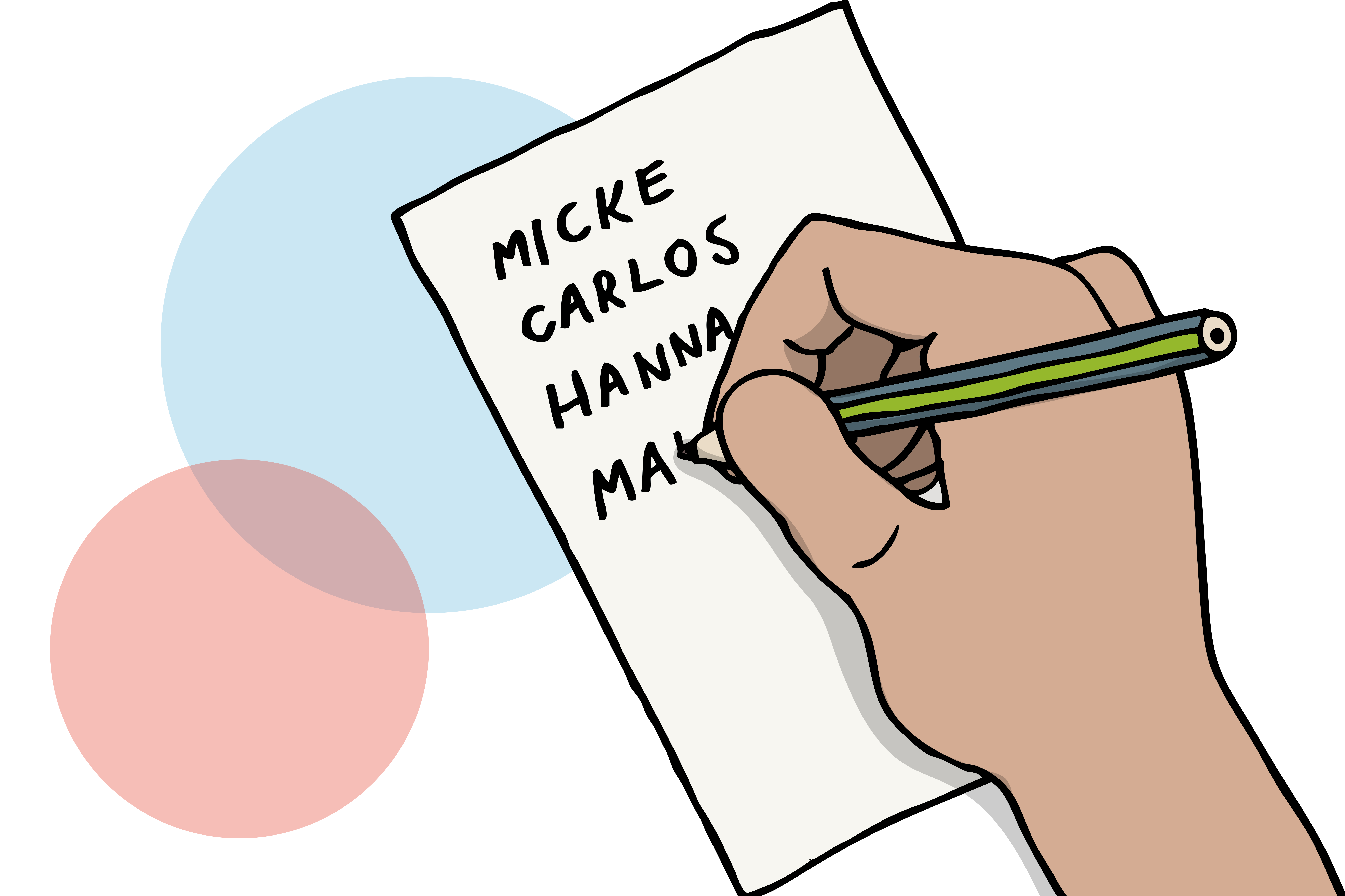 En hand skriver med en penna på ett papper "Micke, Carlos, Hannes ...". Illustration.