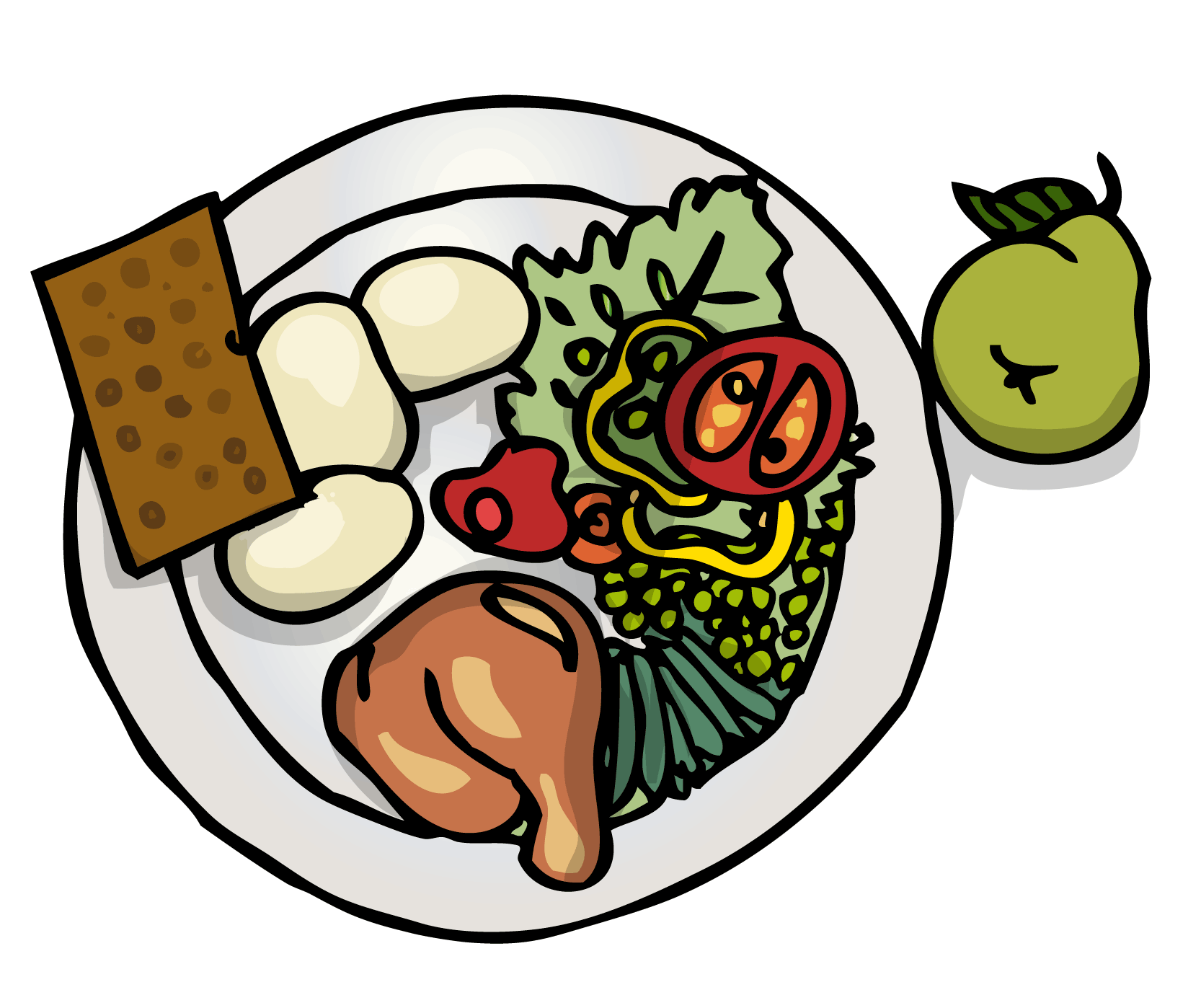 Talrik med bröd, potatis, kyckling, grönsaker och en frukt. Illustration.