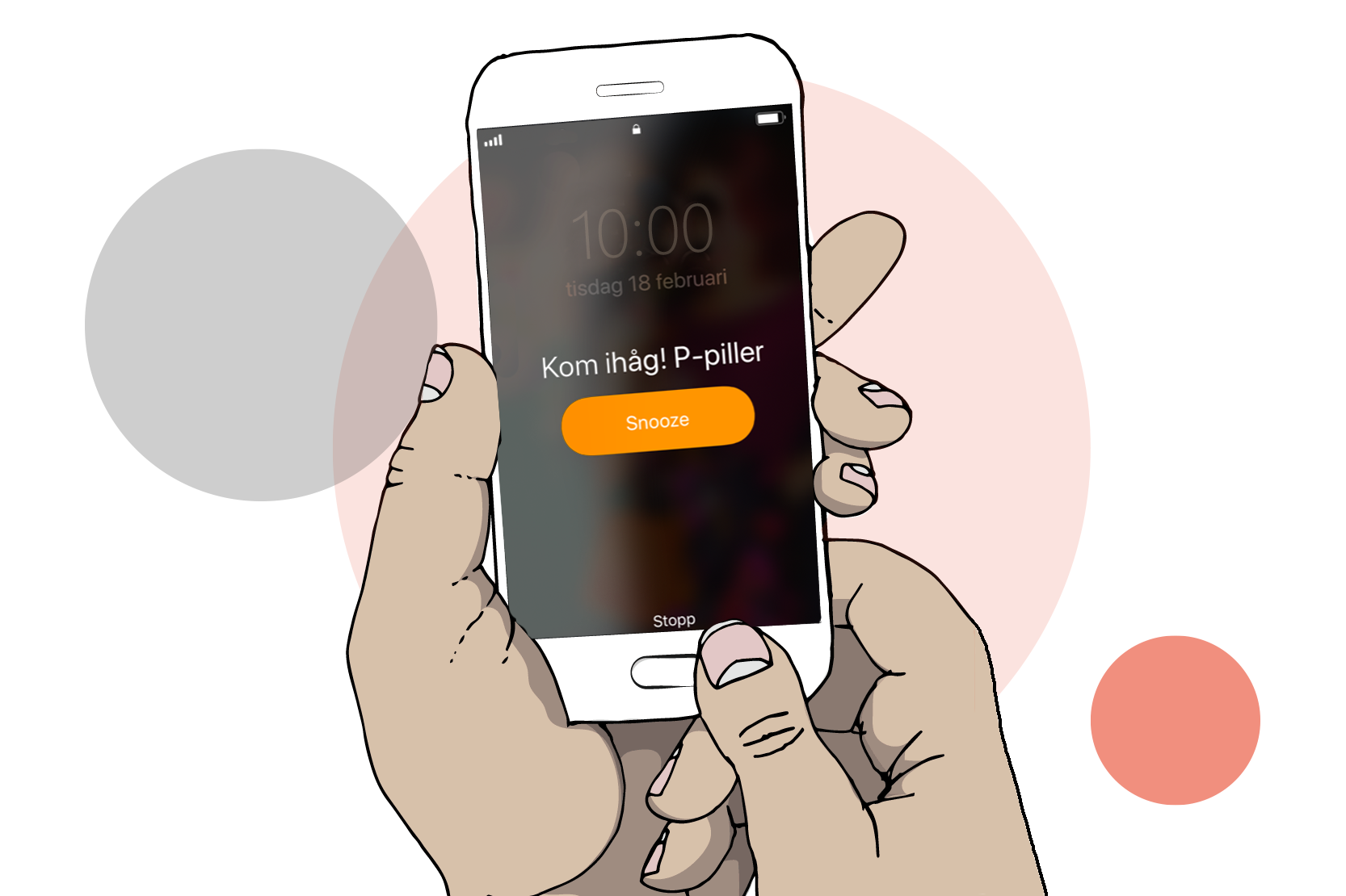 Två händer som håller i en mobiltelefon. På skärmen syns en påminnelse om p-piller. Illustration.