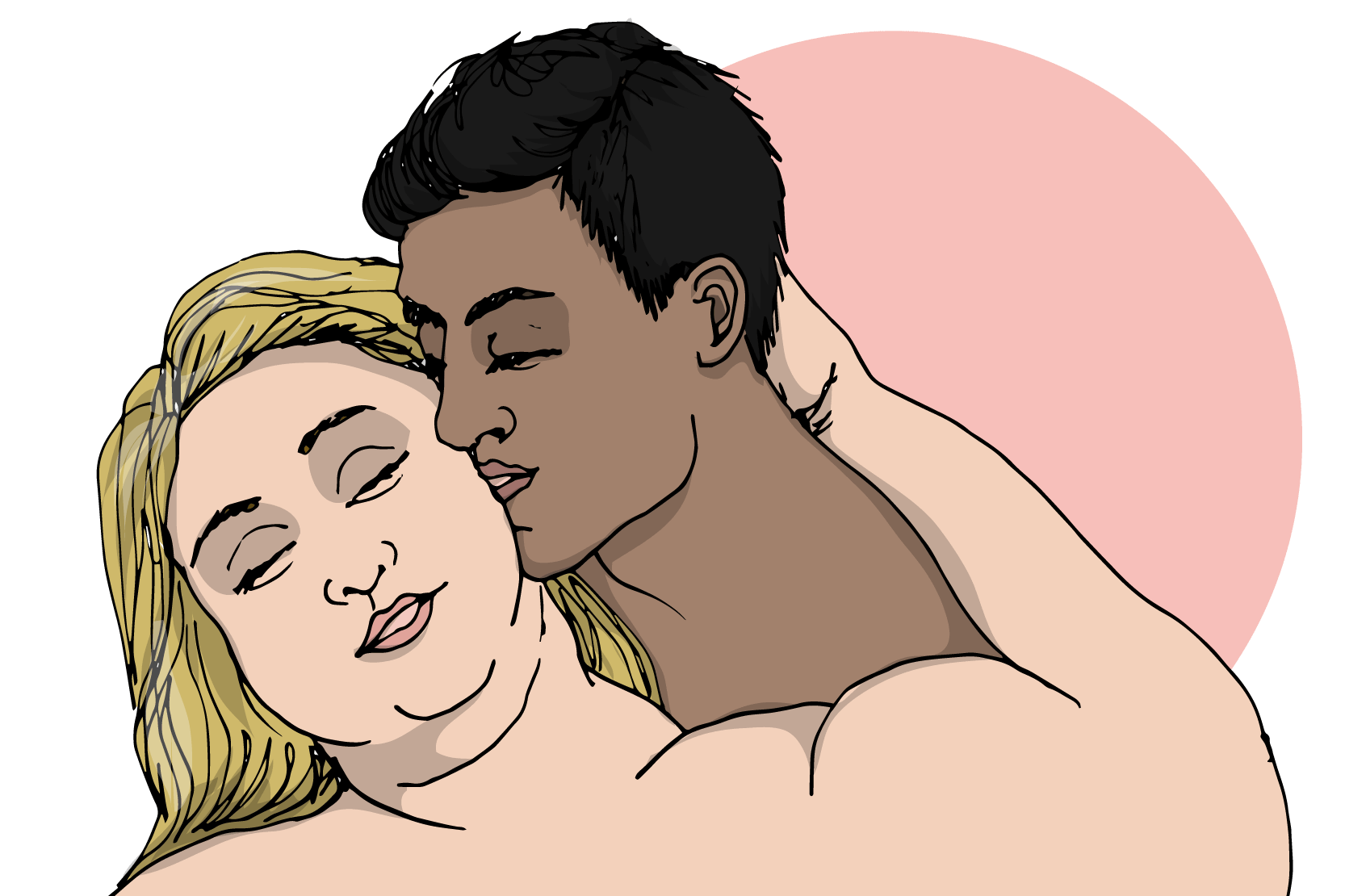 En tjej och en kille är nakna, håller om varandra och blundar. Illustration.
