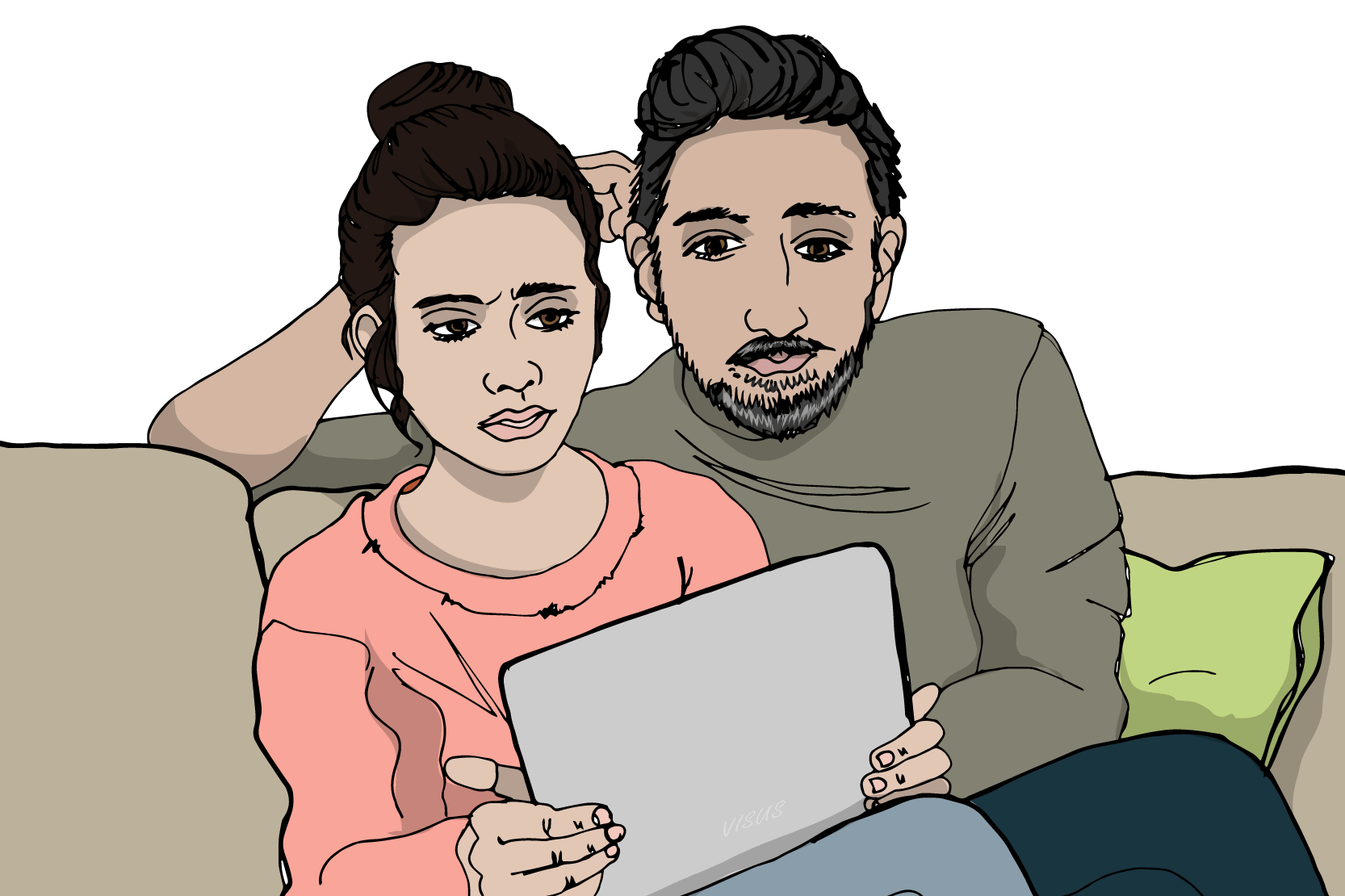 Två personer sitter i en soffa och tittar på en skärm. Illustration.