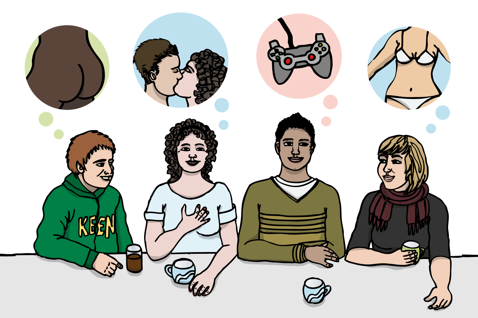 Några personer tänker på kyssar och nakna kroppar och en person tänker på tv-spel. Illustration.