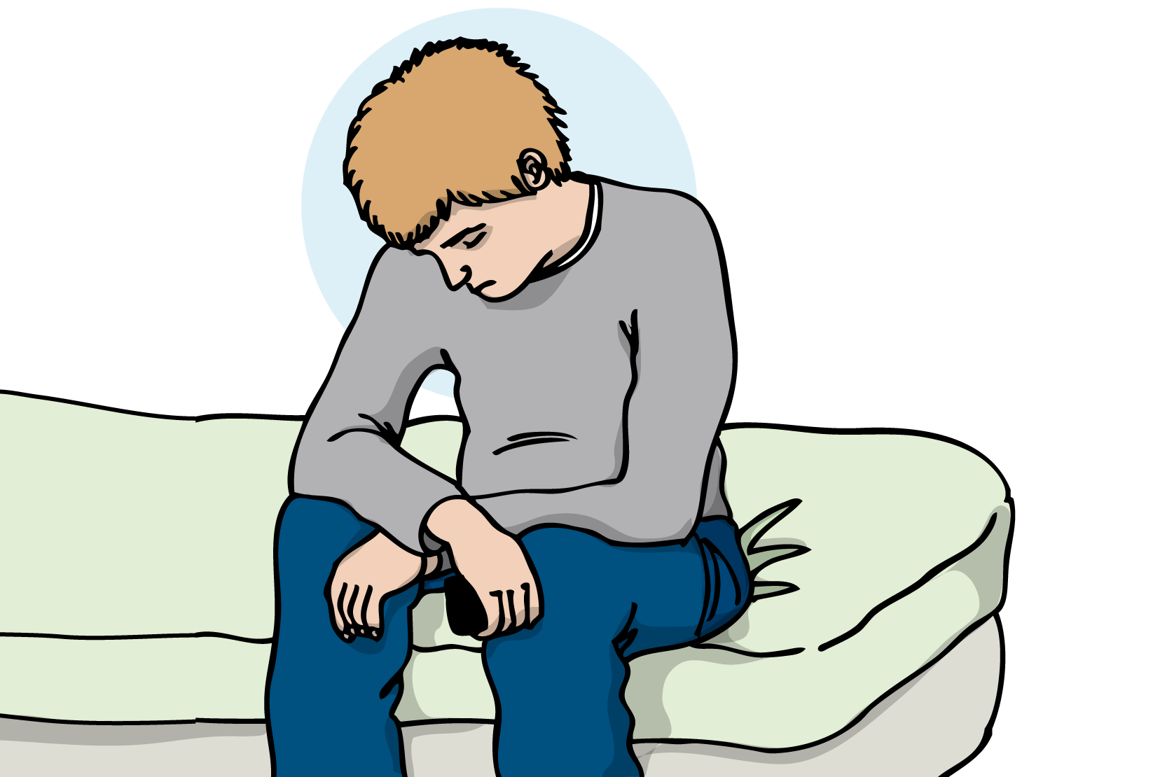 En person som sitter i en säng och ser ledsen ut. Illustration.