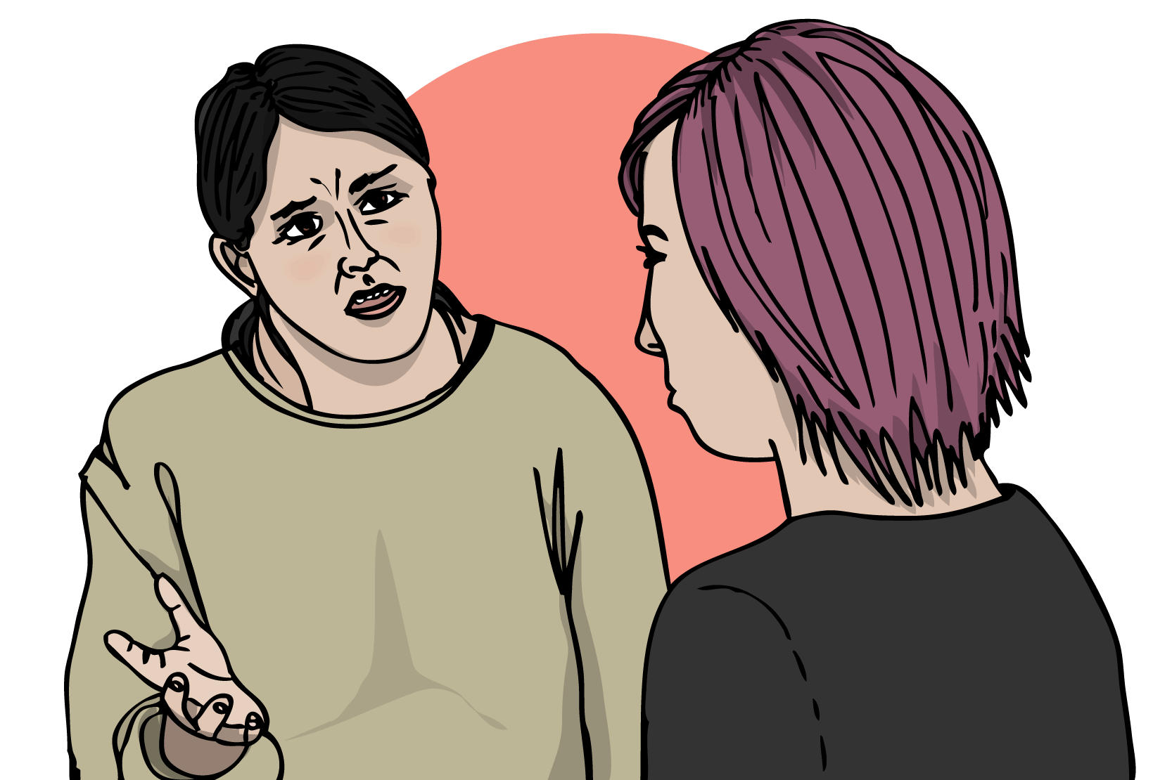 En vuxen som pratar upprört med en ung person. Den vuxna har röda kinder och rynkad panna. Den unga personer står tyst och ser sammanbiten ut. Illustration