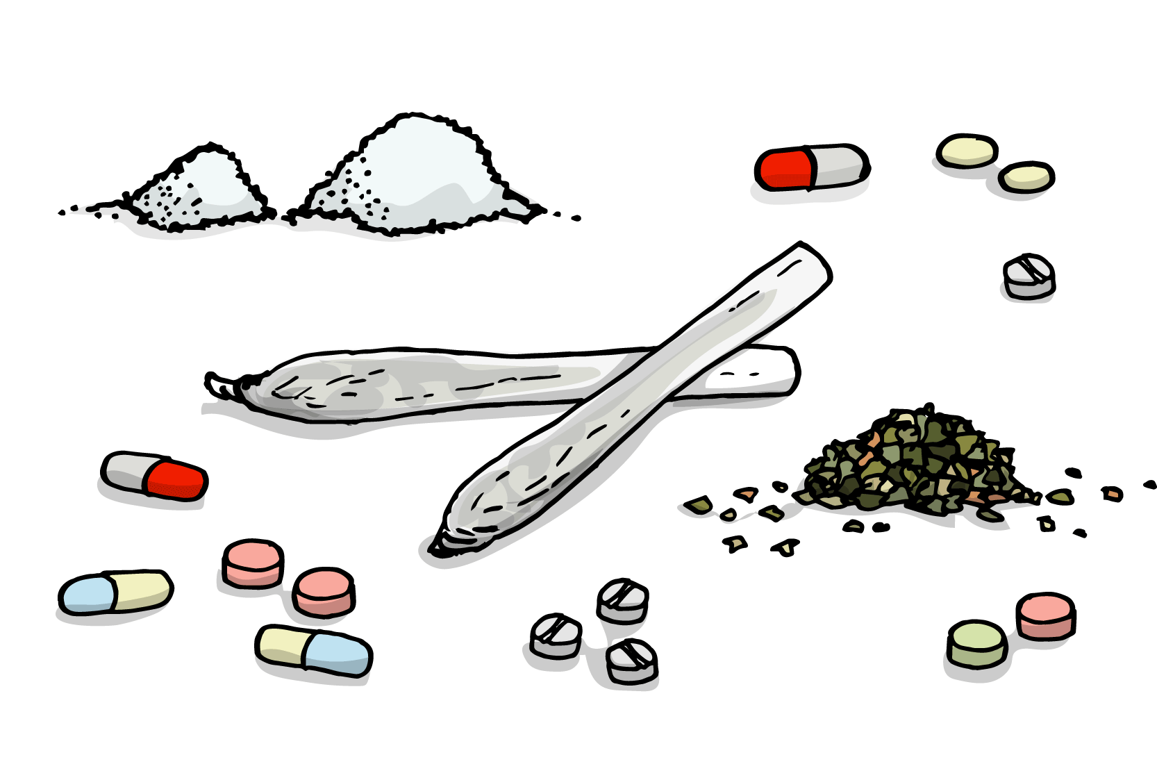 Olika sorters tabletter, cigaretter, blad och pulver. 