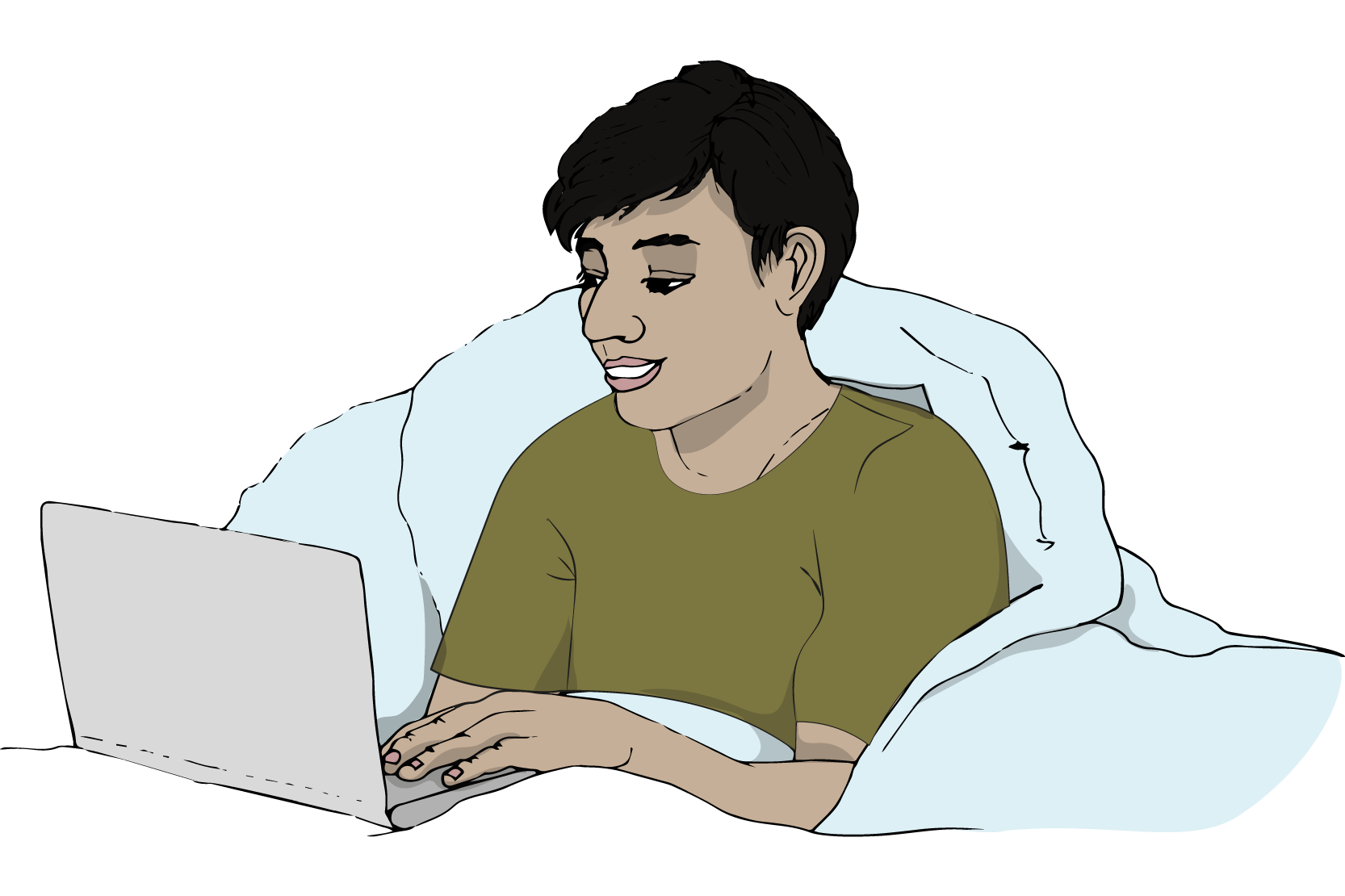 En person som sitter invirad i ett täcke, med dator framför sig.  