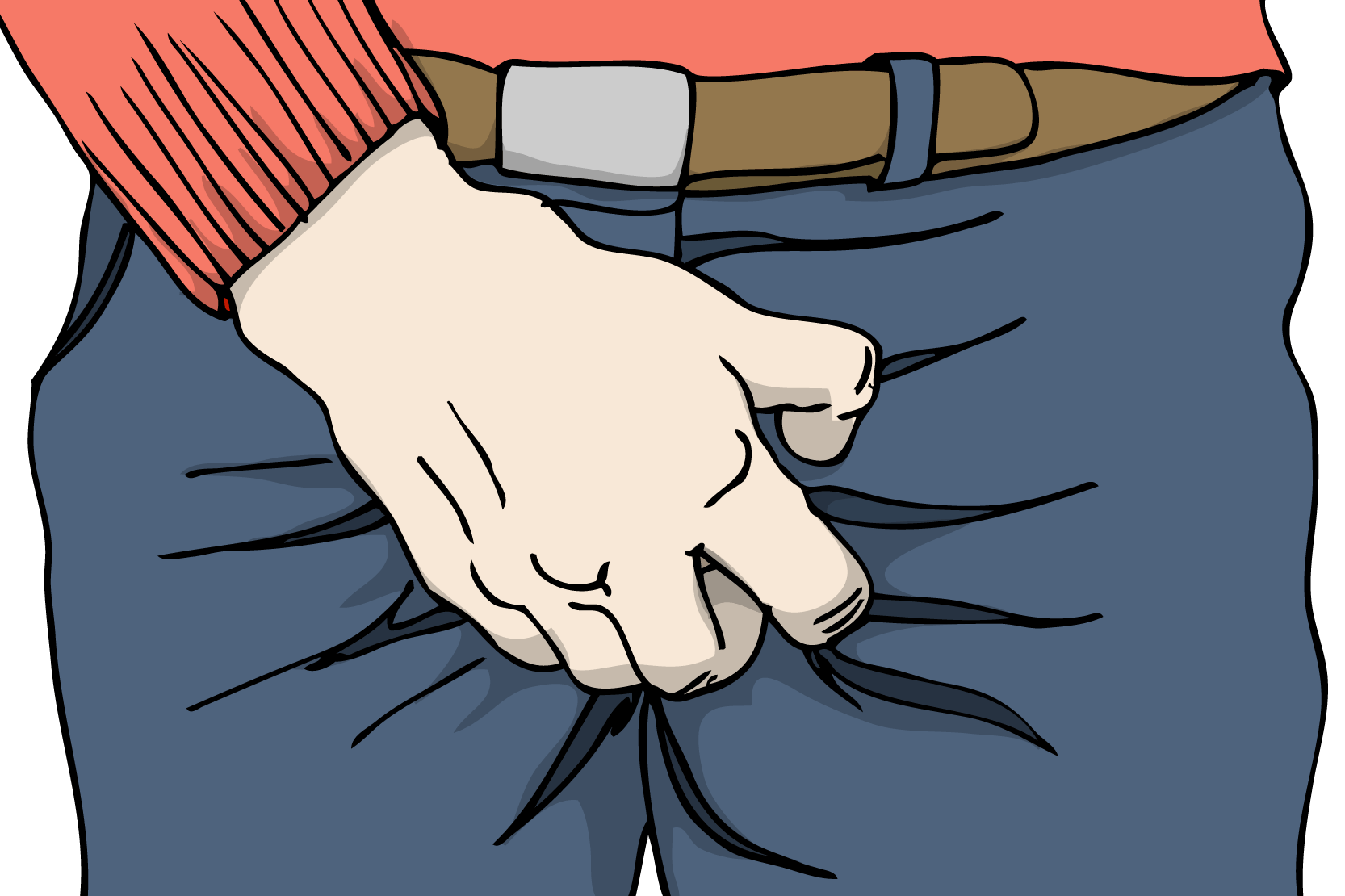 En hand som håller över underlivet utanpå byxorna, illustration.