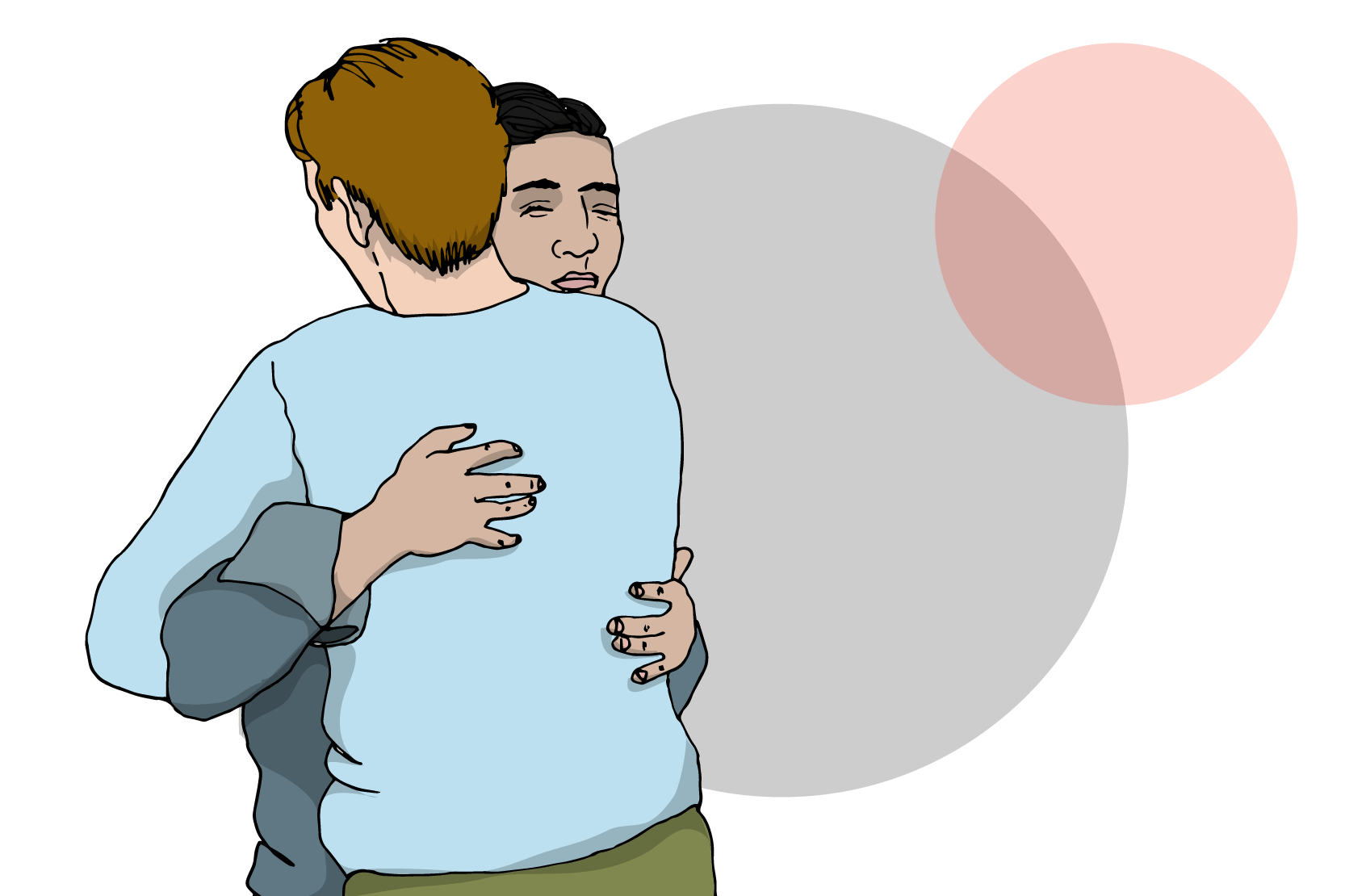 Två personer som håller om varandra. Illustration.