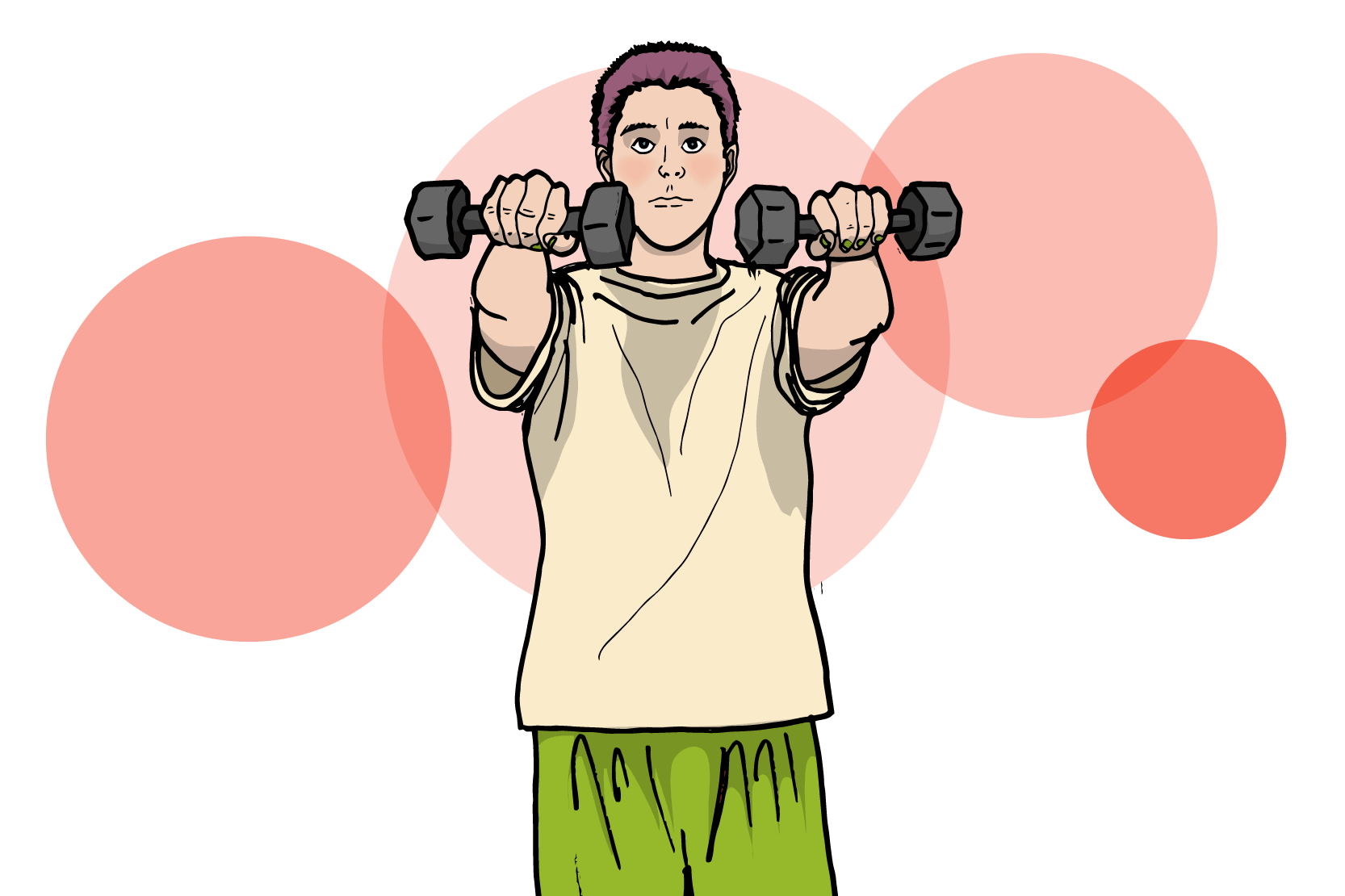 En person som står och tränar med hantlar. Hen har stora svettfläckar under armarna och på bröstet, illustration.