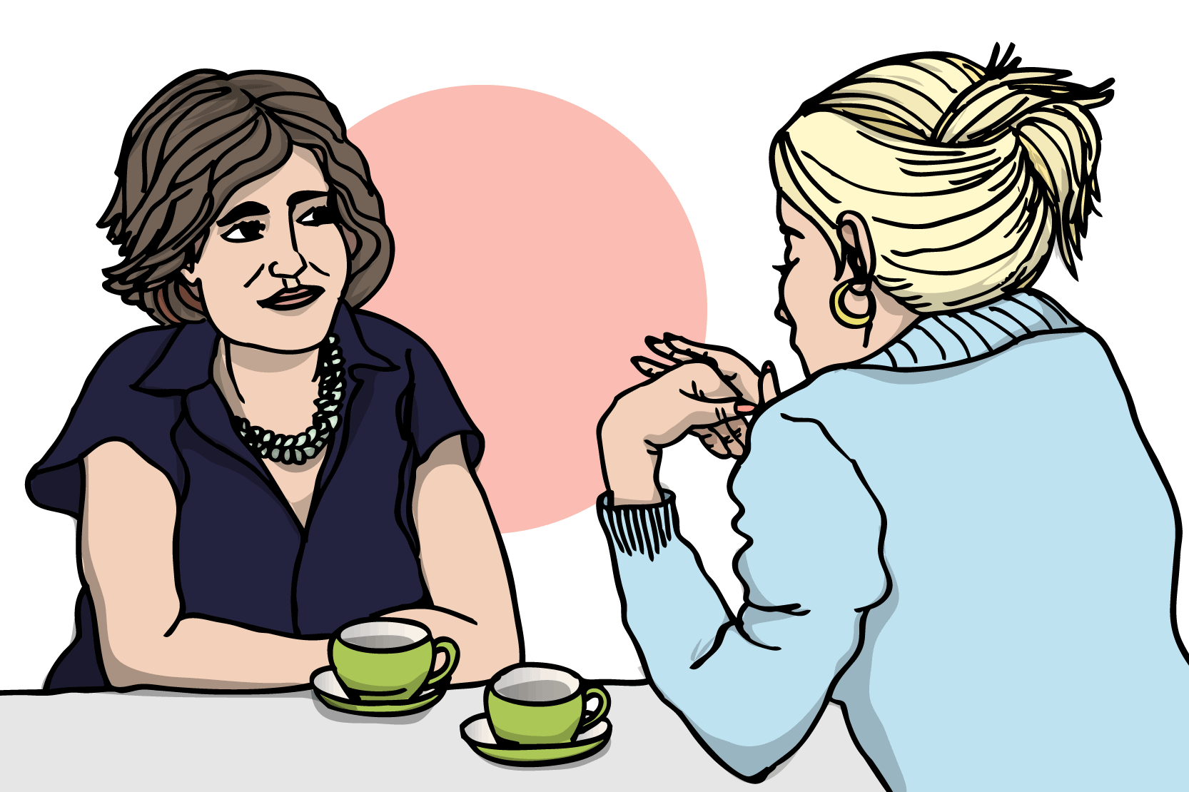 Två personer sitter vid ett bord och pratar, illustration.
