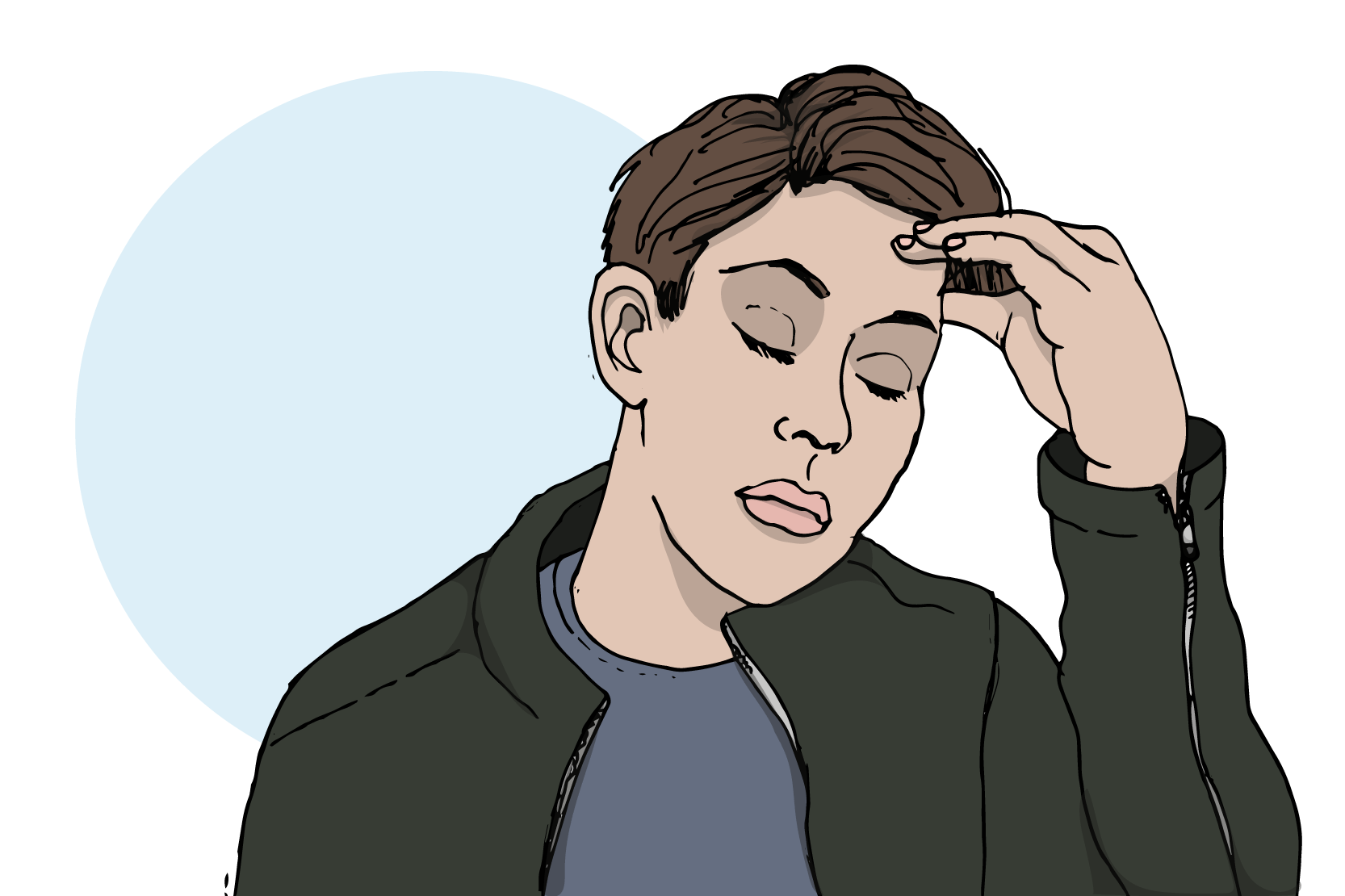 En person som håller sig för huvudet och ser besvärad ut. Illustration.