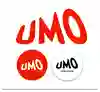 UMO-loggan i röd text med vit bakgrund, med vit text och röd bakgrund och med  svart text och vit bakgrund. 