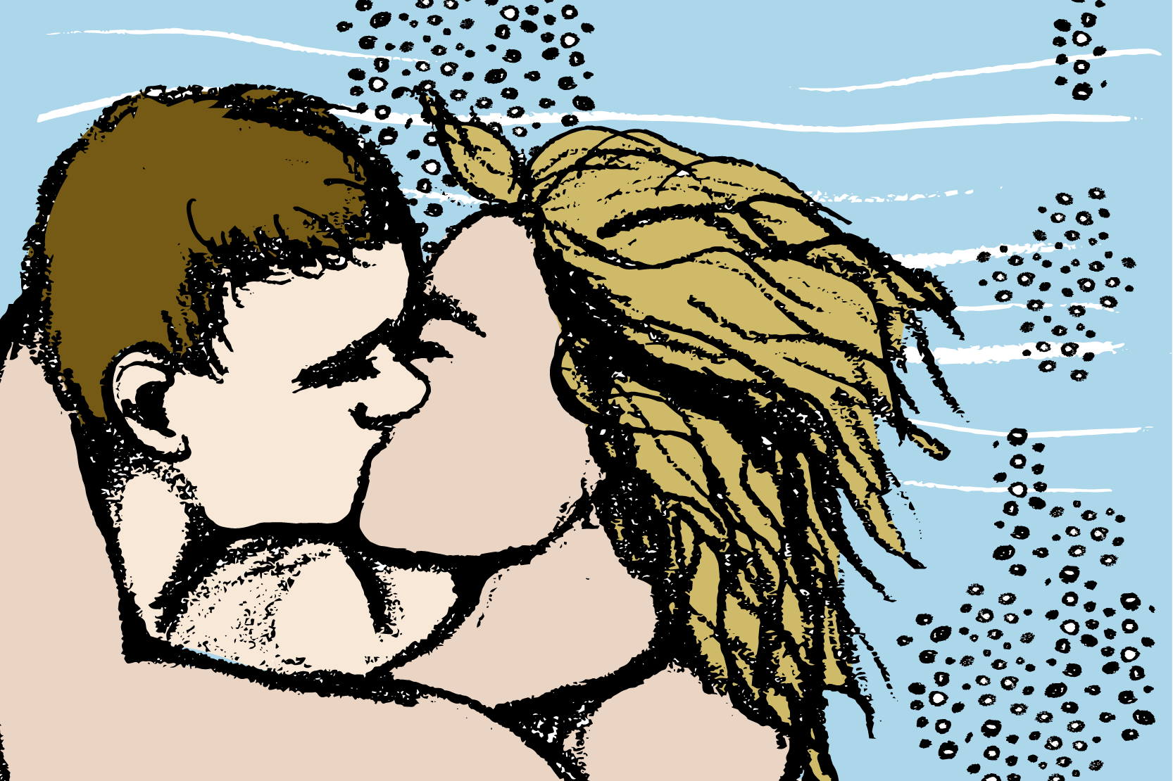 Två personer kysser varandra under vattnet. Illustration.