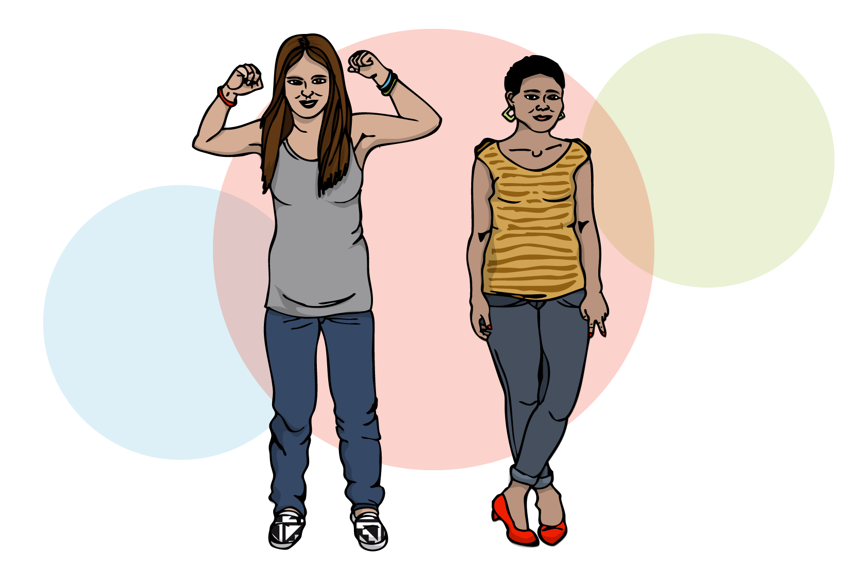 Två personer, en som spänner musklerna och ser stark och glad ut, den andra står bredvid. Illustration.