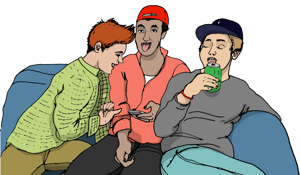 Tre personer sitter i en soffa och ser berusade ut, illustration.