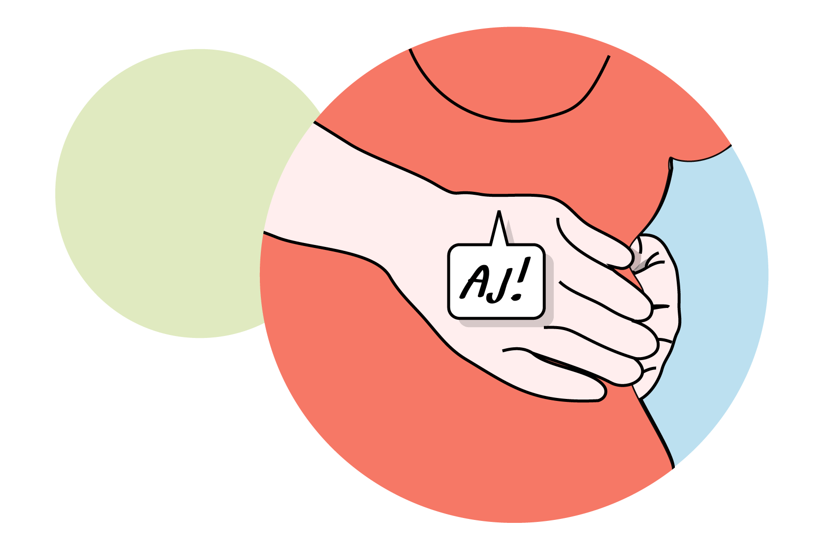 En person som håller sig för magen och säger ”AJ!”. Illustration.