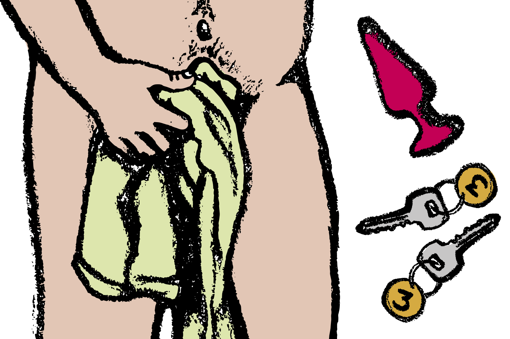 En naken person som täcker könet. Hotellnycklar och en but plug. Illustration.
