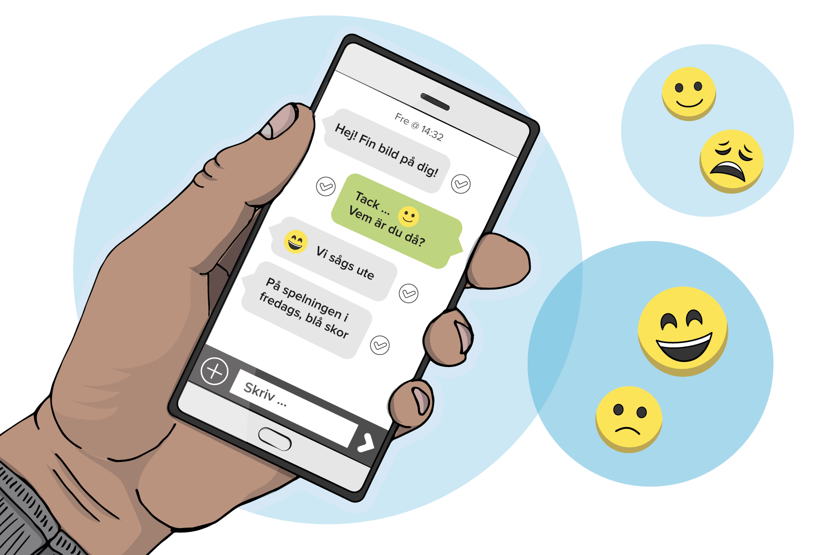 Ledsna och glada emojis och en mobiltelefon med meddelanden: "Hej, fin bild på dig!" "Tack...Vem är du då?" "Vi sågs ute" "På spelningen i fredags, blå skor". Illustration.