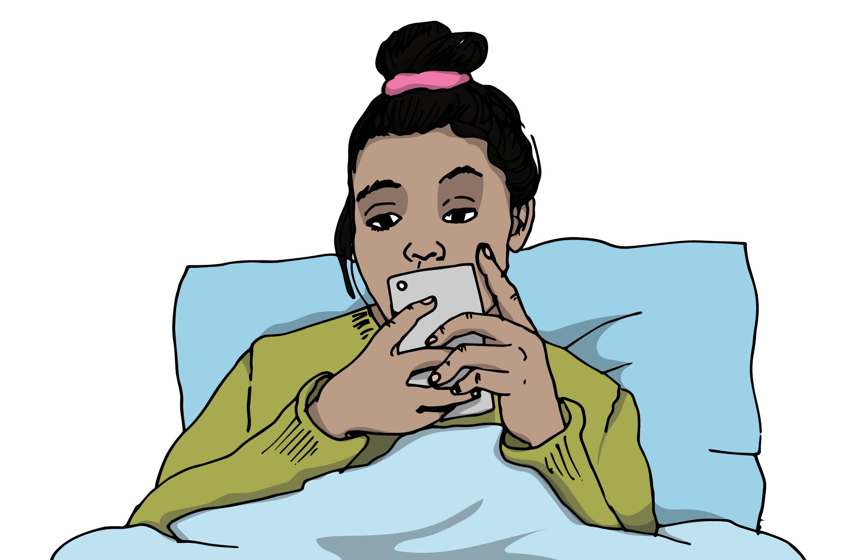 En person ligger i sin säng och tittar på sin mobilskärm. Illustration. 