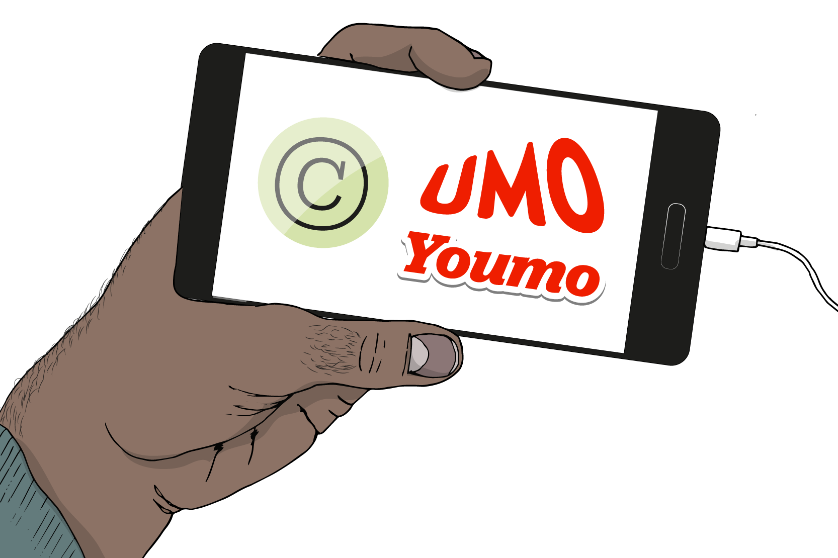 En hand som håller mobil. Mobilen visar UMO och Youmo på skärmen. Illustration
