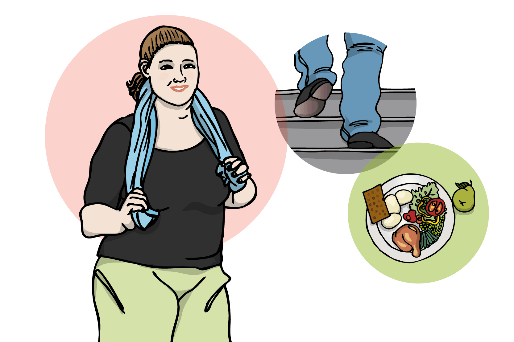 Person med handduk runt halsen, ett par fötter som går i trappor, bild på en tallrik med mat. Illustration.