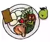Talrik med bröd, potatis, kyckling, grönsaker och en frukt. Illustration.