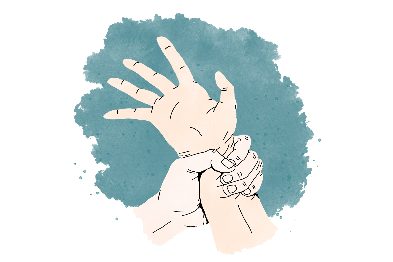 En hand håller hårt om någon annans handled. Illustration.