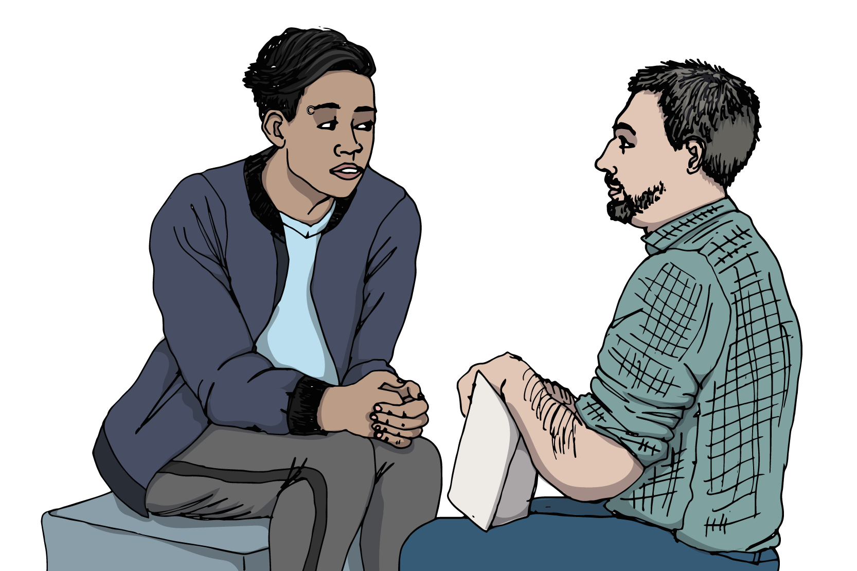 En ung person sitter och pratar med en vuxen. Illustration