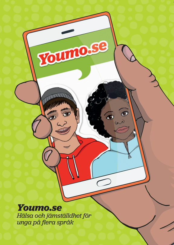 En hand som håller en mobil med Youmo.se.