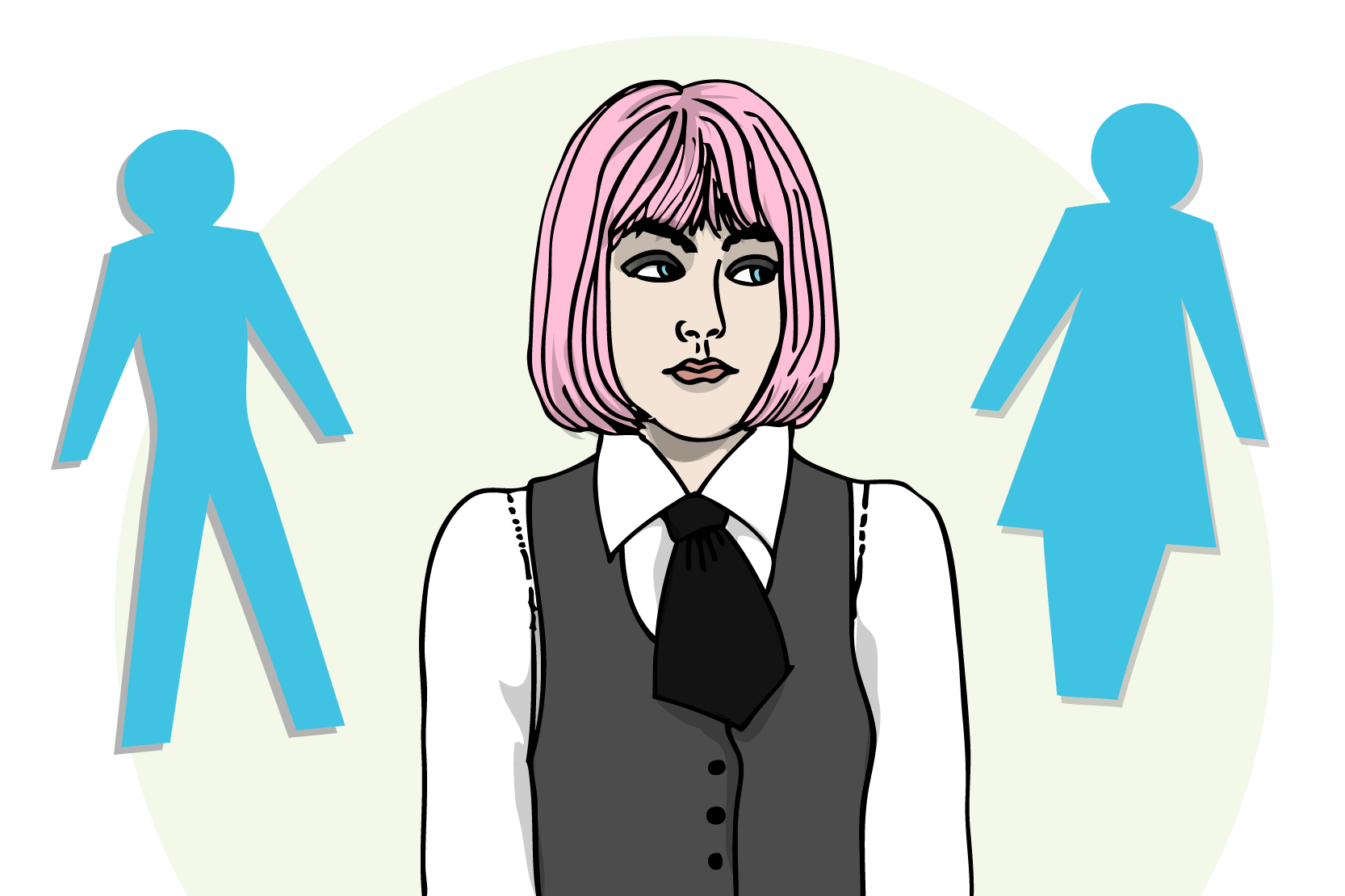 En person med slips och långt rosa hår som sneglar skeptiskt på en kvinno- och manssymbol, sådana som brukar sitta på toalettdörrar. Illustration.