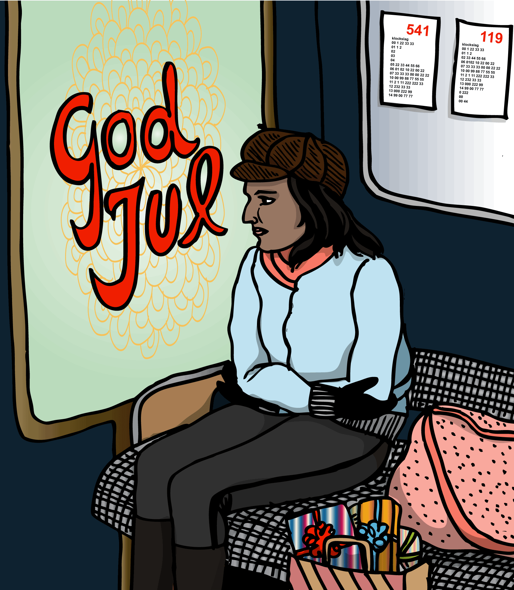 En person med kassar med paket som sitter och väntar på bussen i mörkret. Illustration