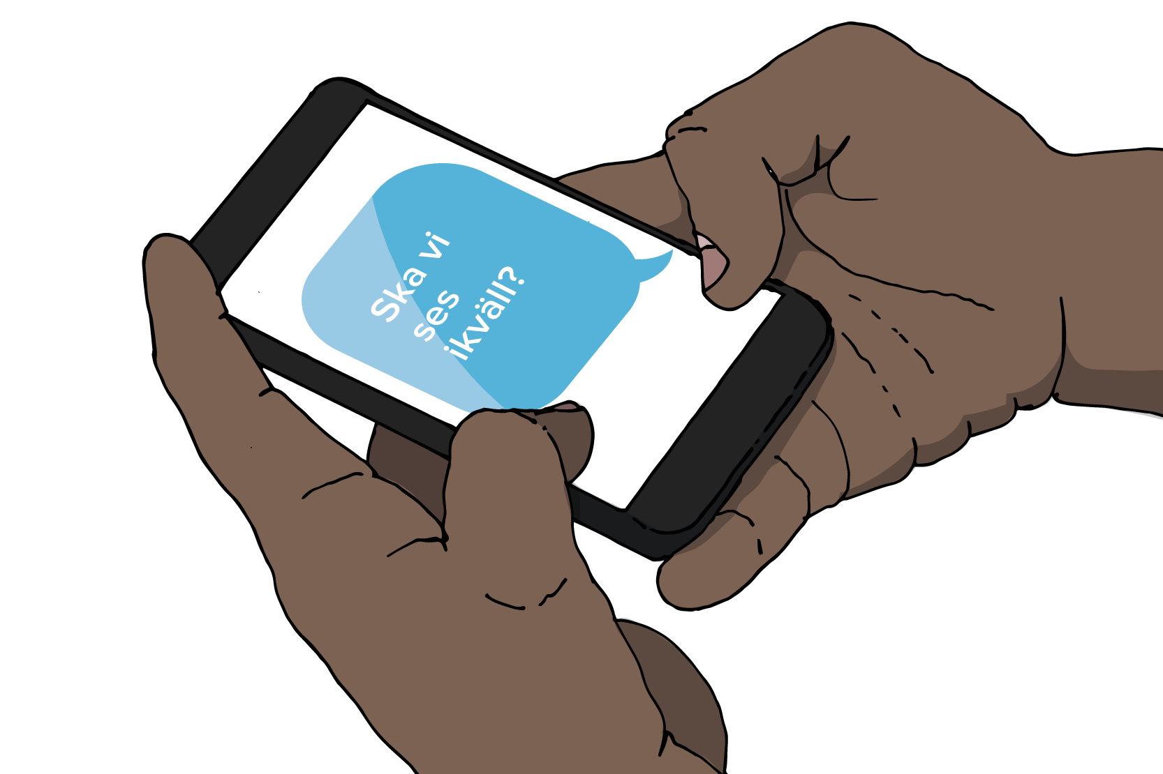 Händer som håller en mobil med ett meddelande där det står "Ska vi ses ikväll?". Illustration.