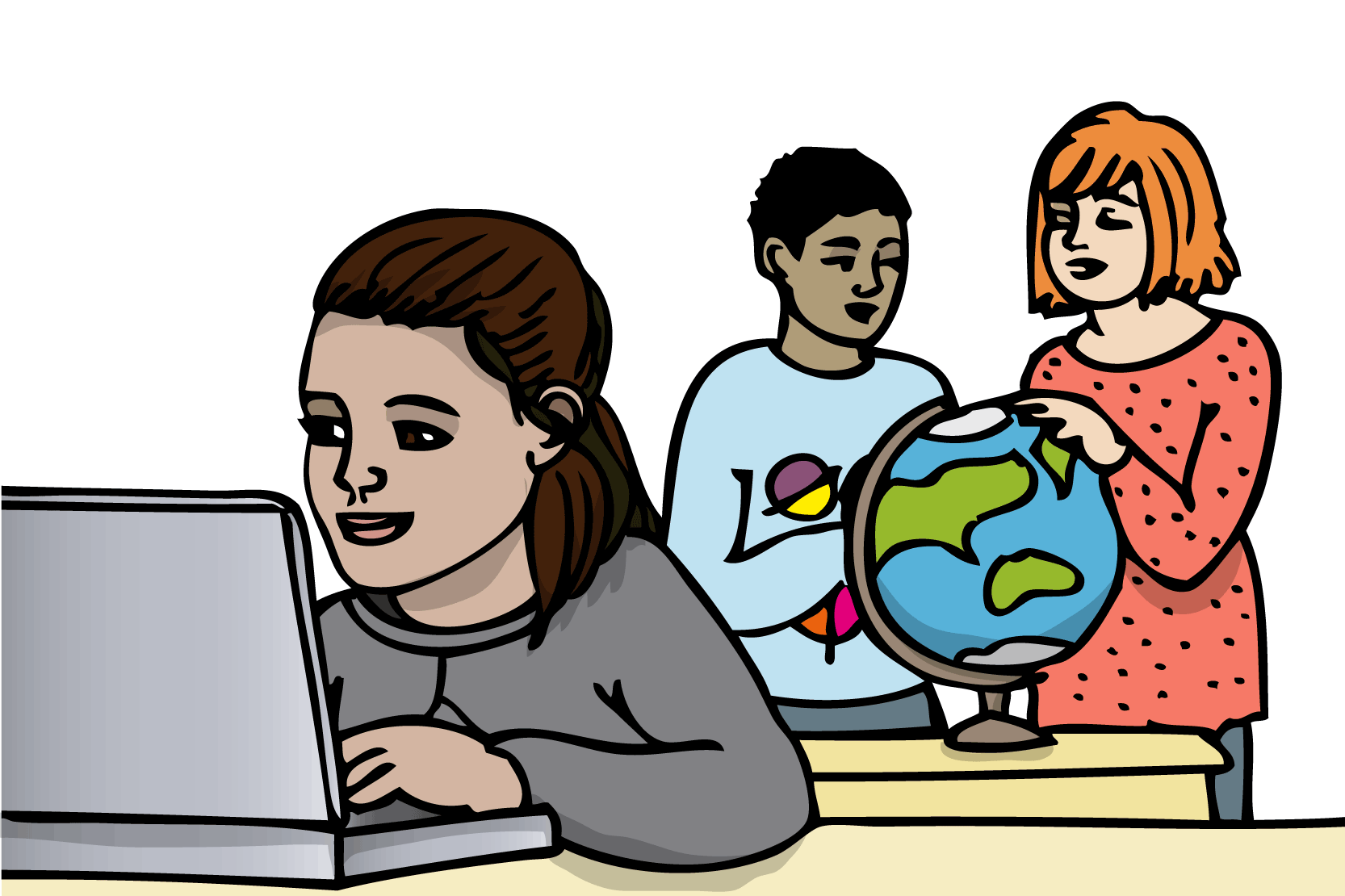 En elev arbetar själv vid en dator, medan andra elever arbetar tillsammans.