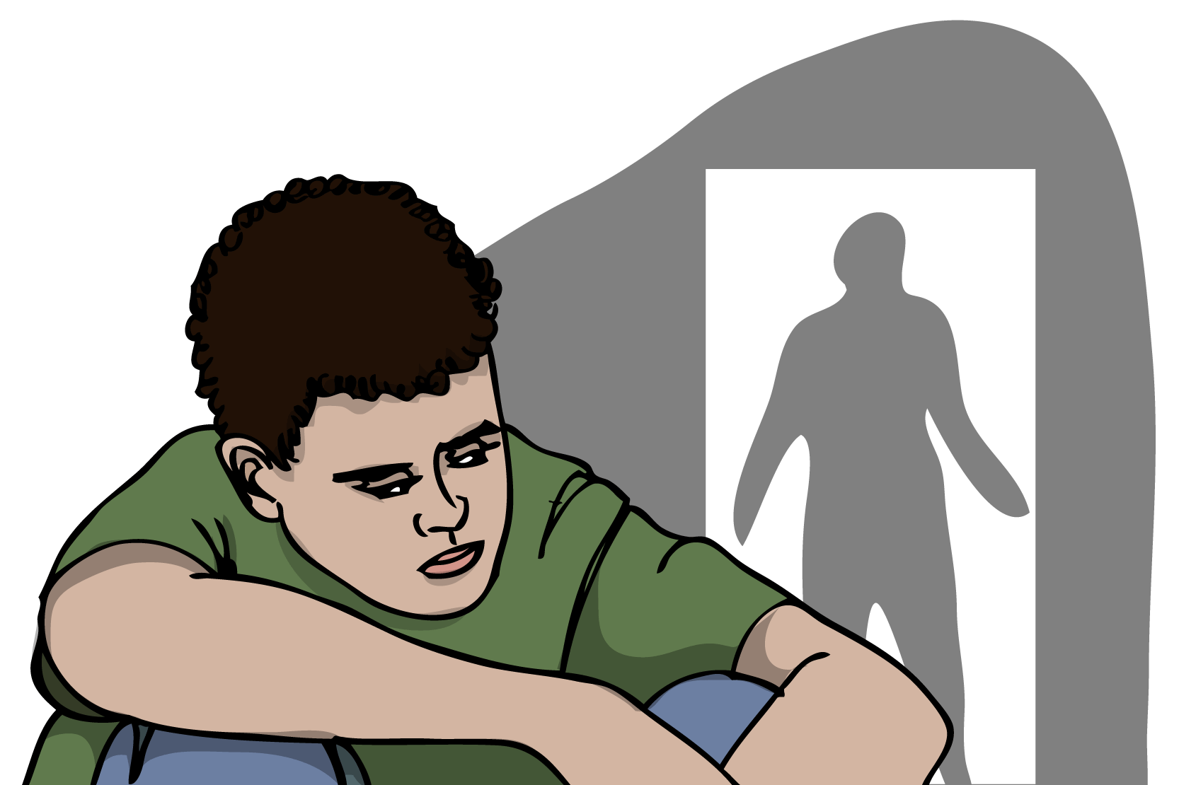 En ung person som sitter och sneglar bakåt. Bakom honom syns en siluett av en person i en dörröppning. Illustration.
