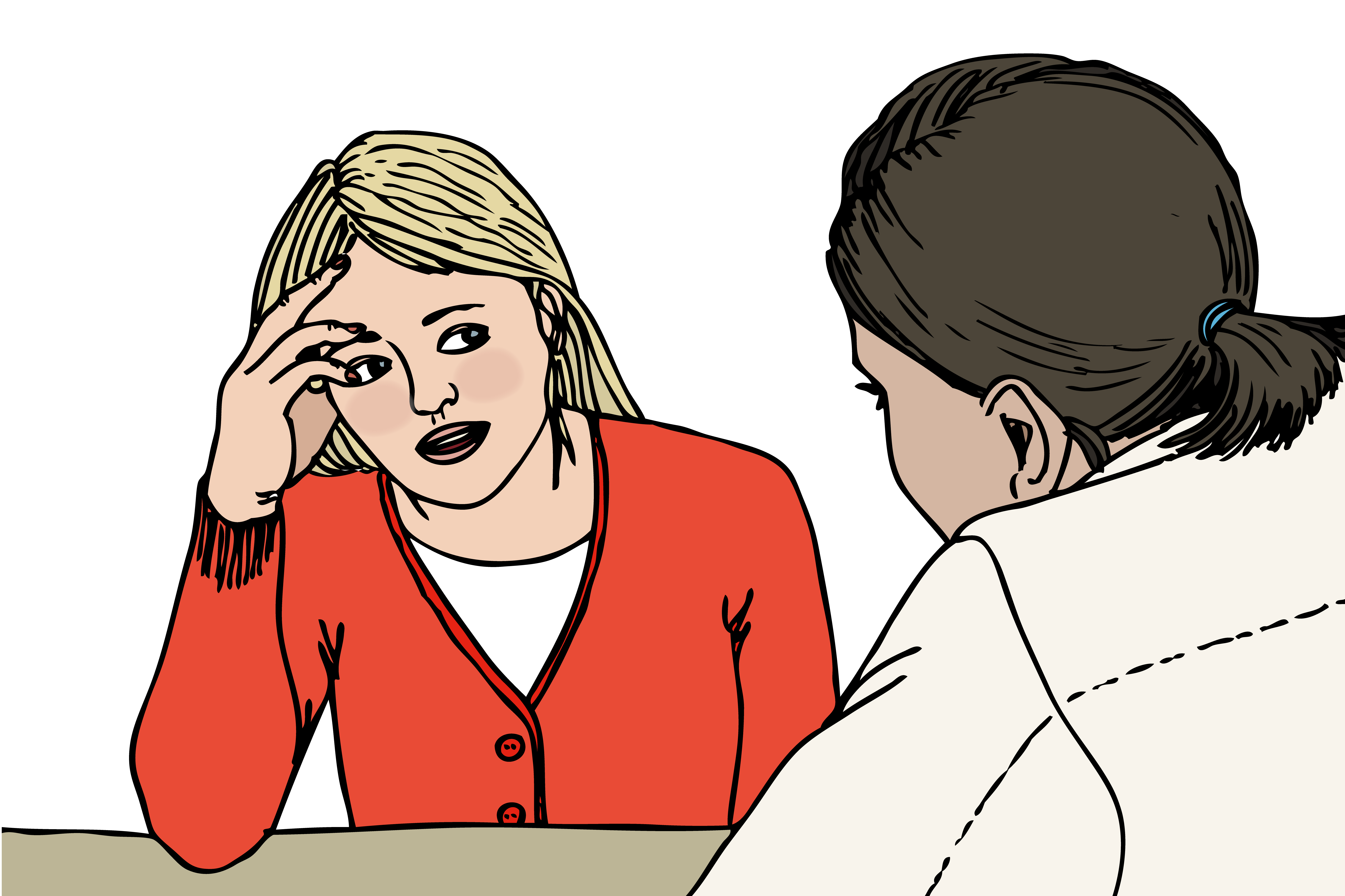 Två personer sitter och pratar. Illustration.