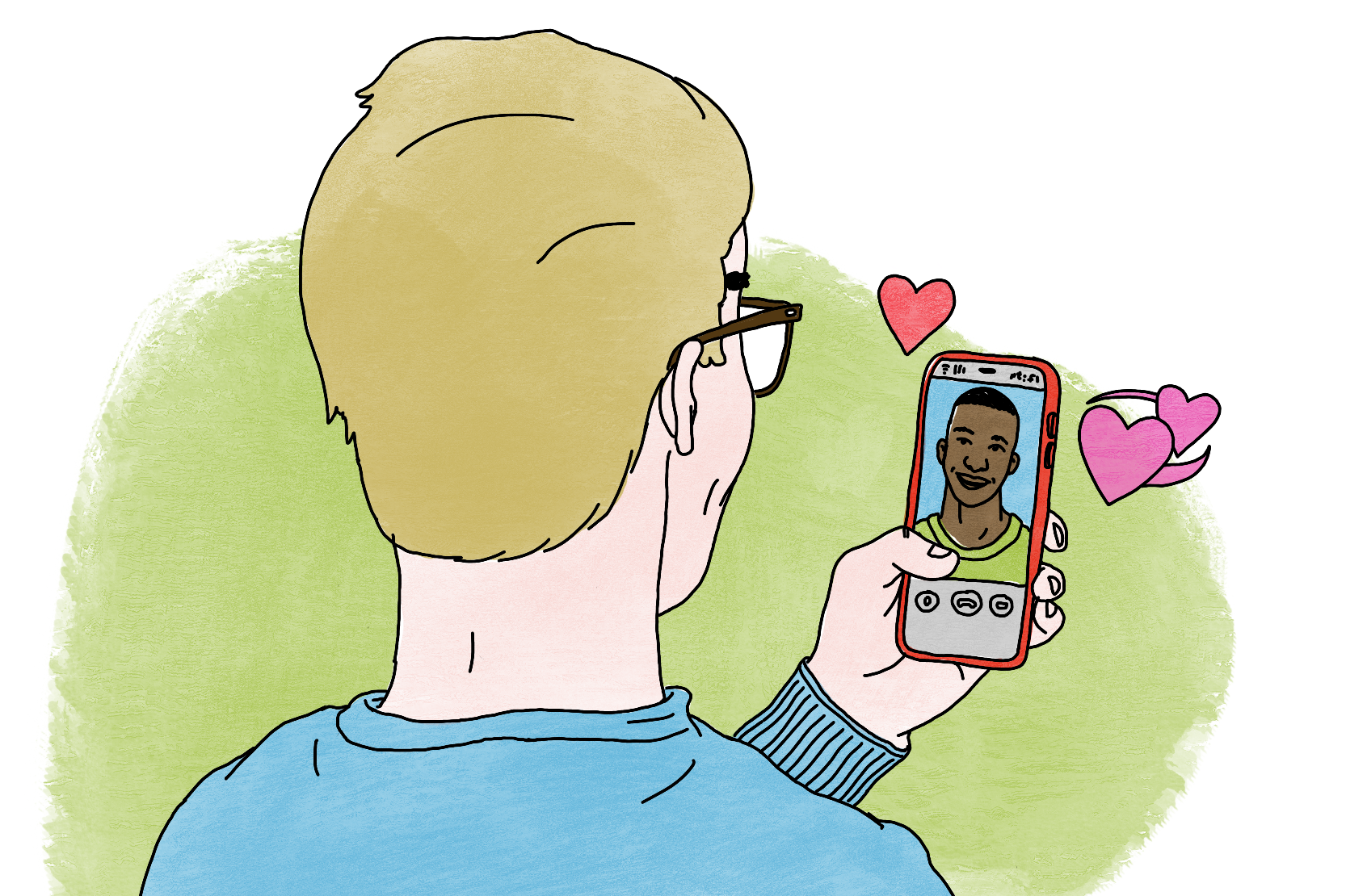 Person bakifrån som tittar på en annan person i en mobil. Hjärtan runt mobilen. Illustration.