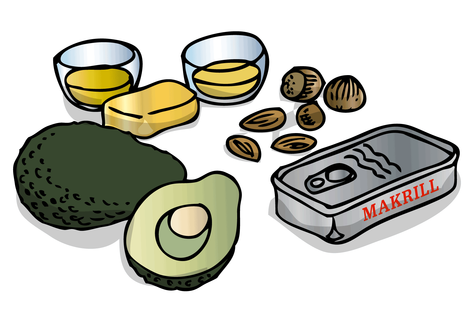 Avokado, olja, nötter, makrill. Illustration.