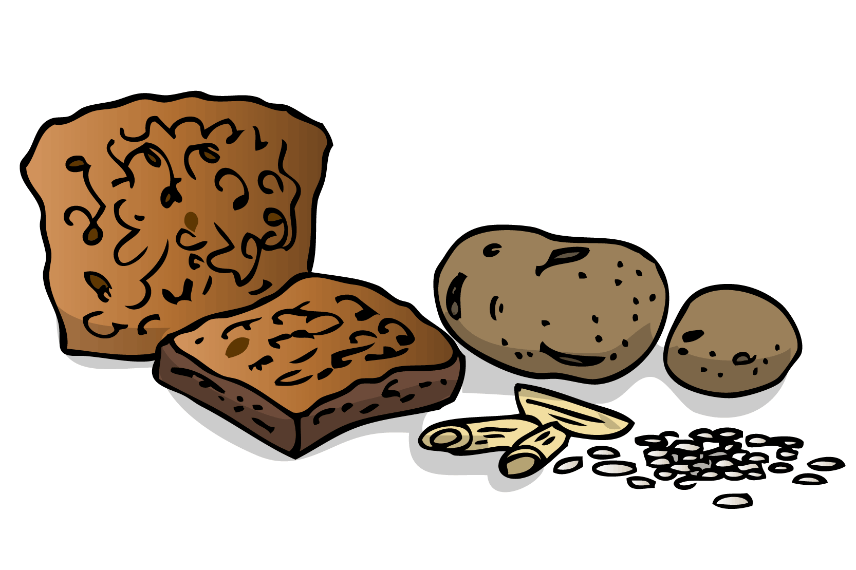 Bröd, potatis, pasta. Illustration.