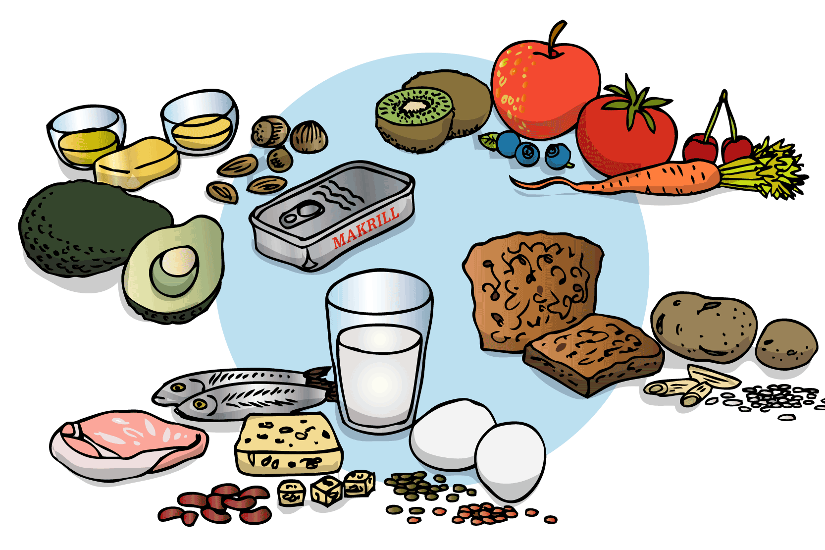 Avokado, olja, nötter, makrill, kiwi, morot, tomat, rädisor, bröd, potatis, ost, bönor, linser, ägg, mjölk och fler exempel på mat. Illustration.