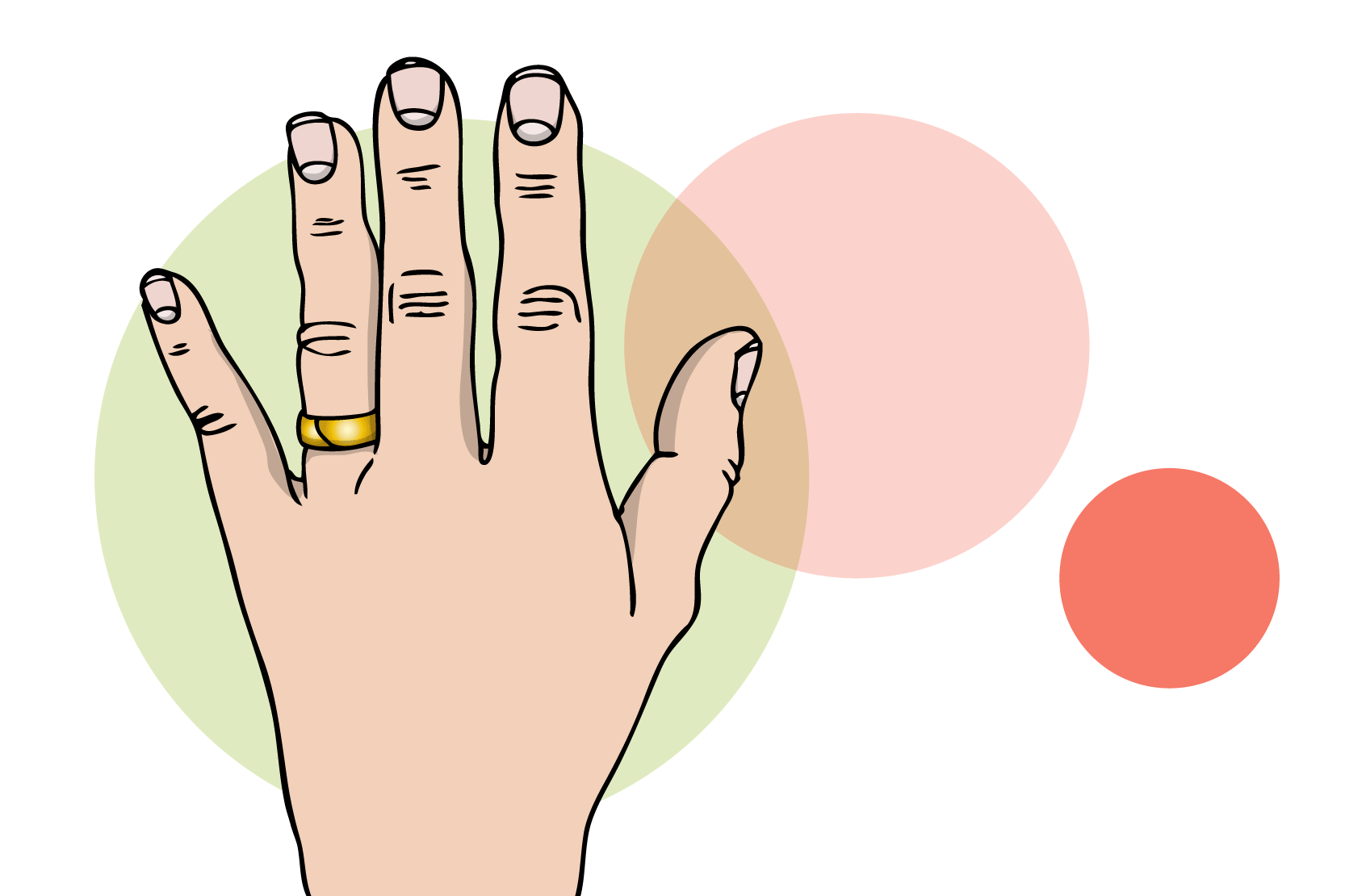 En hand med en ring på ringfingret. Illustration.