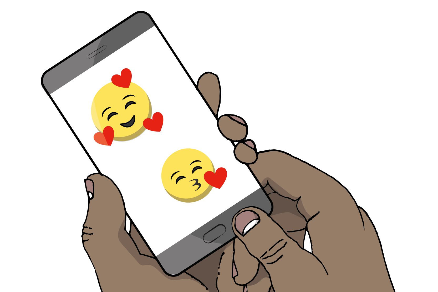 En mobilskärm med emojier och hjärtan. 