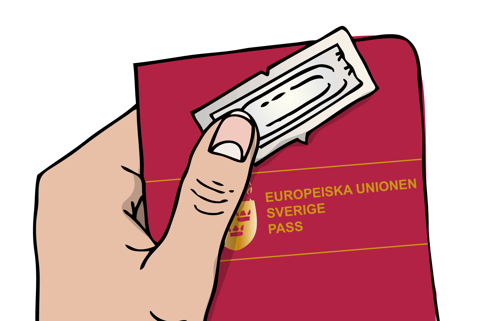 En hand som håller i ett pass och en kondomförpackning. Illustration.