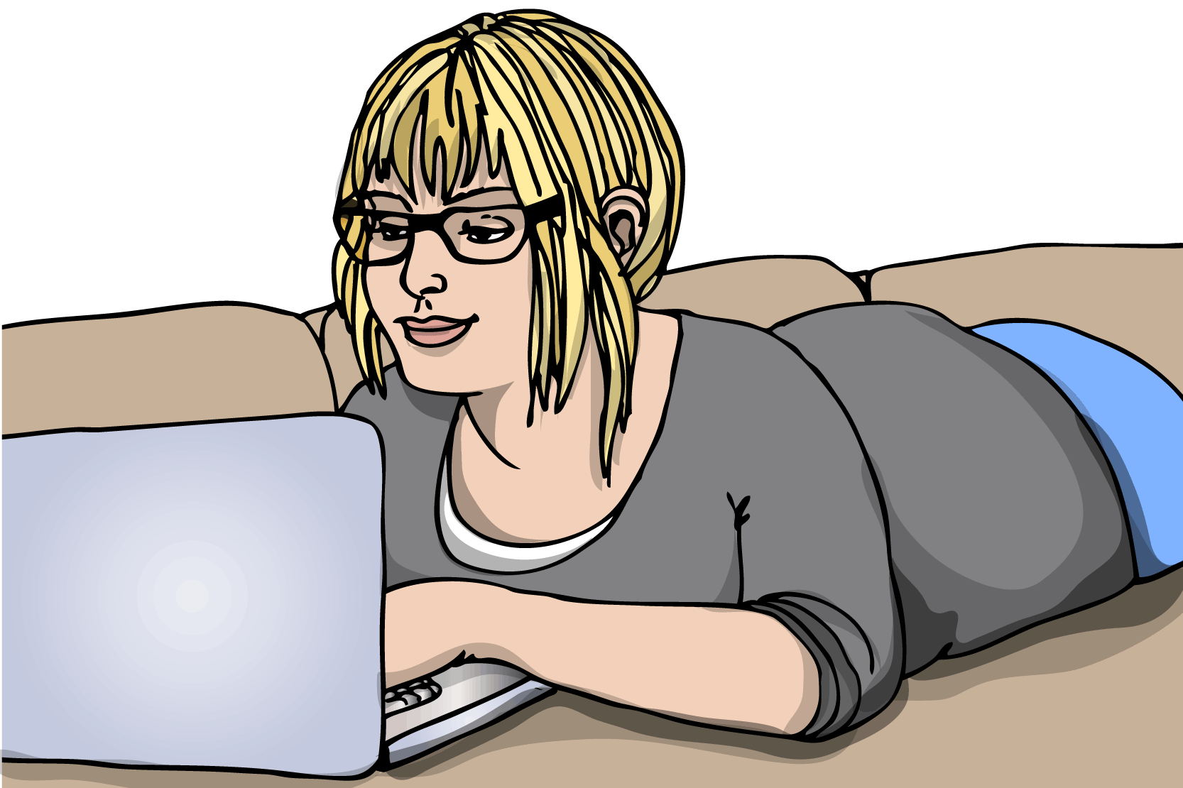 En person som ligger i soffan med sin dator. Illustration.