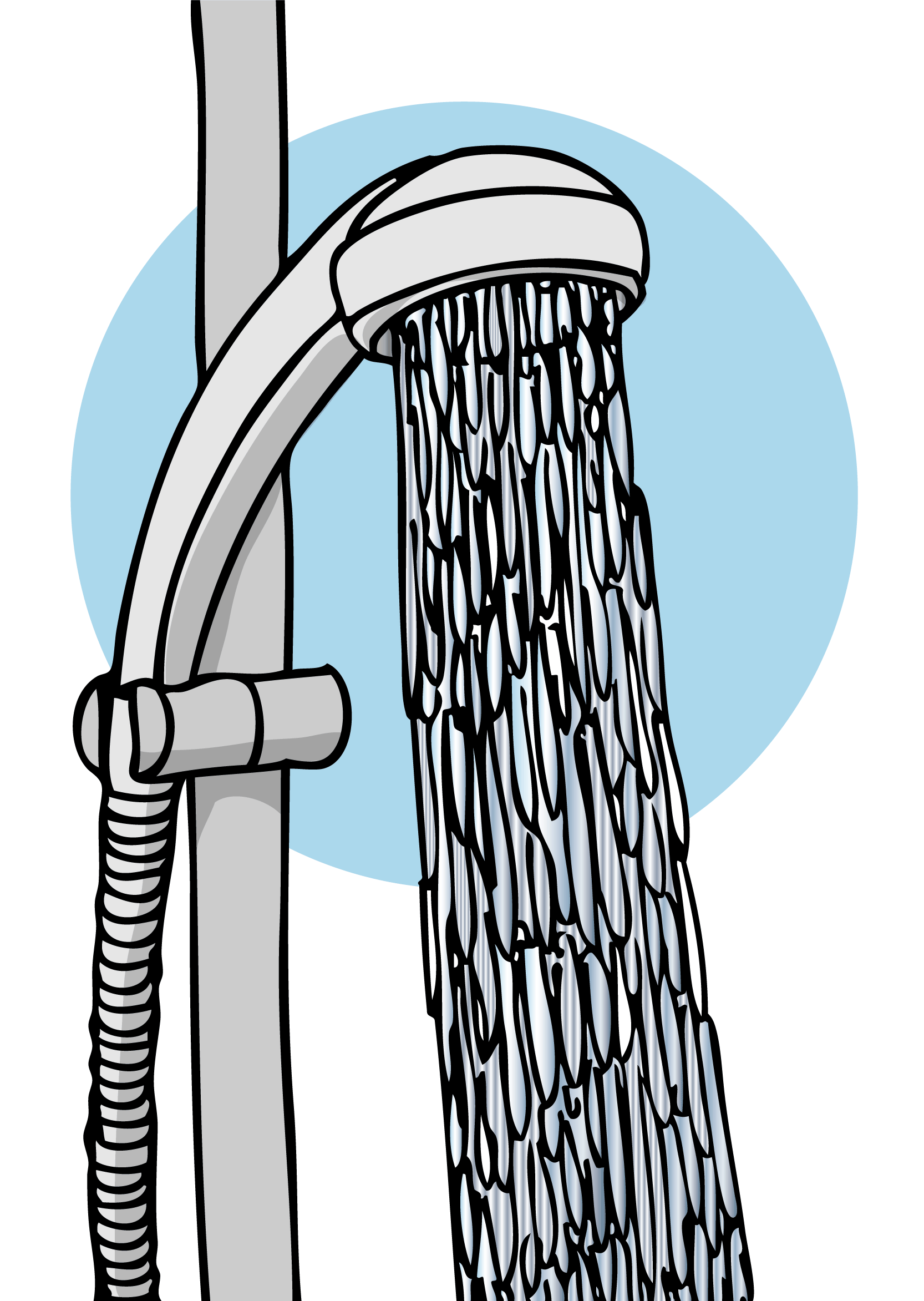 Dusch som det rinner vatten ur, illustration.