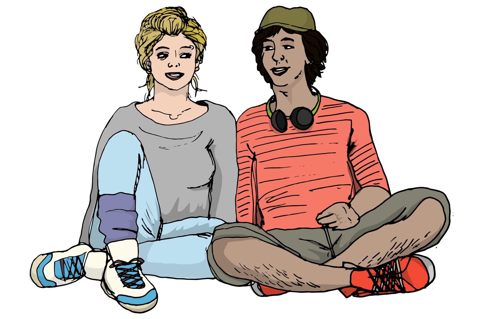 Två personer sitter intill varandra och ser glada ut. Illustration.