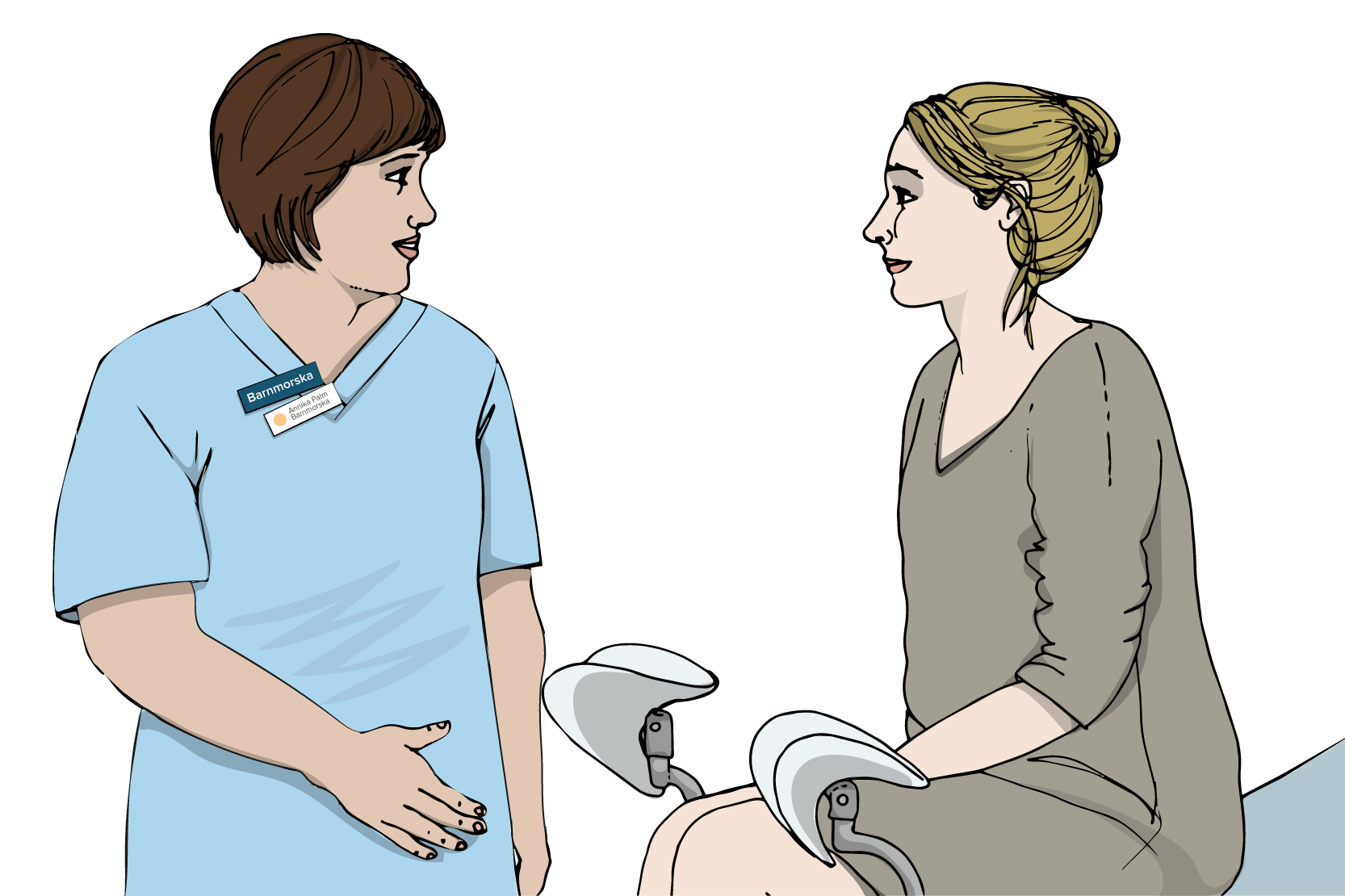 En personer sitter på en brits och pratar med en vårdpersonal. Illustration