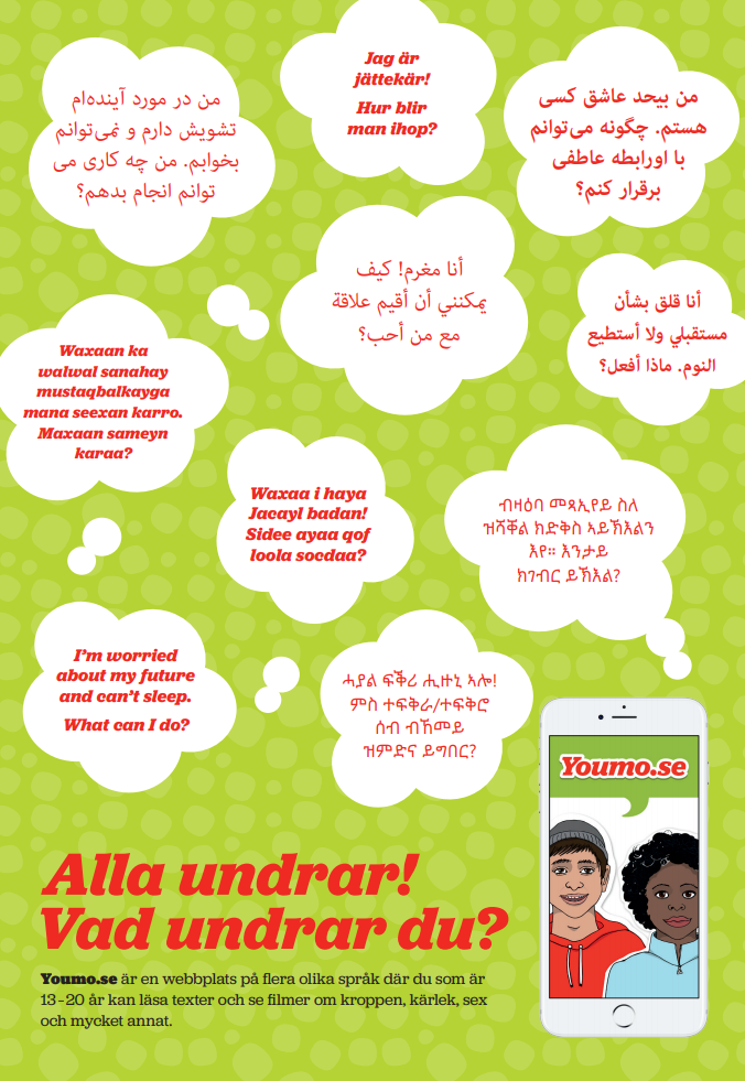 UMO:s affisch med frågor på olika språk. 