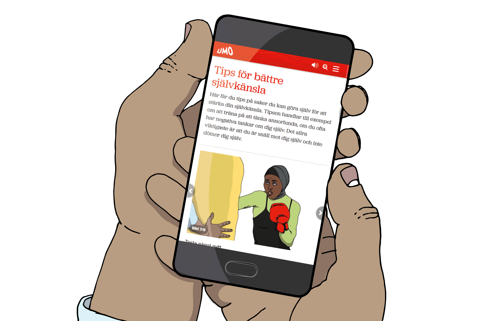 Någon som håller en mobil och läser UMO:s artikel 