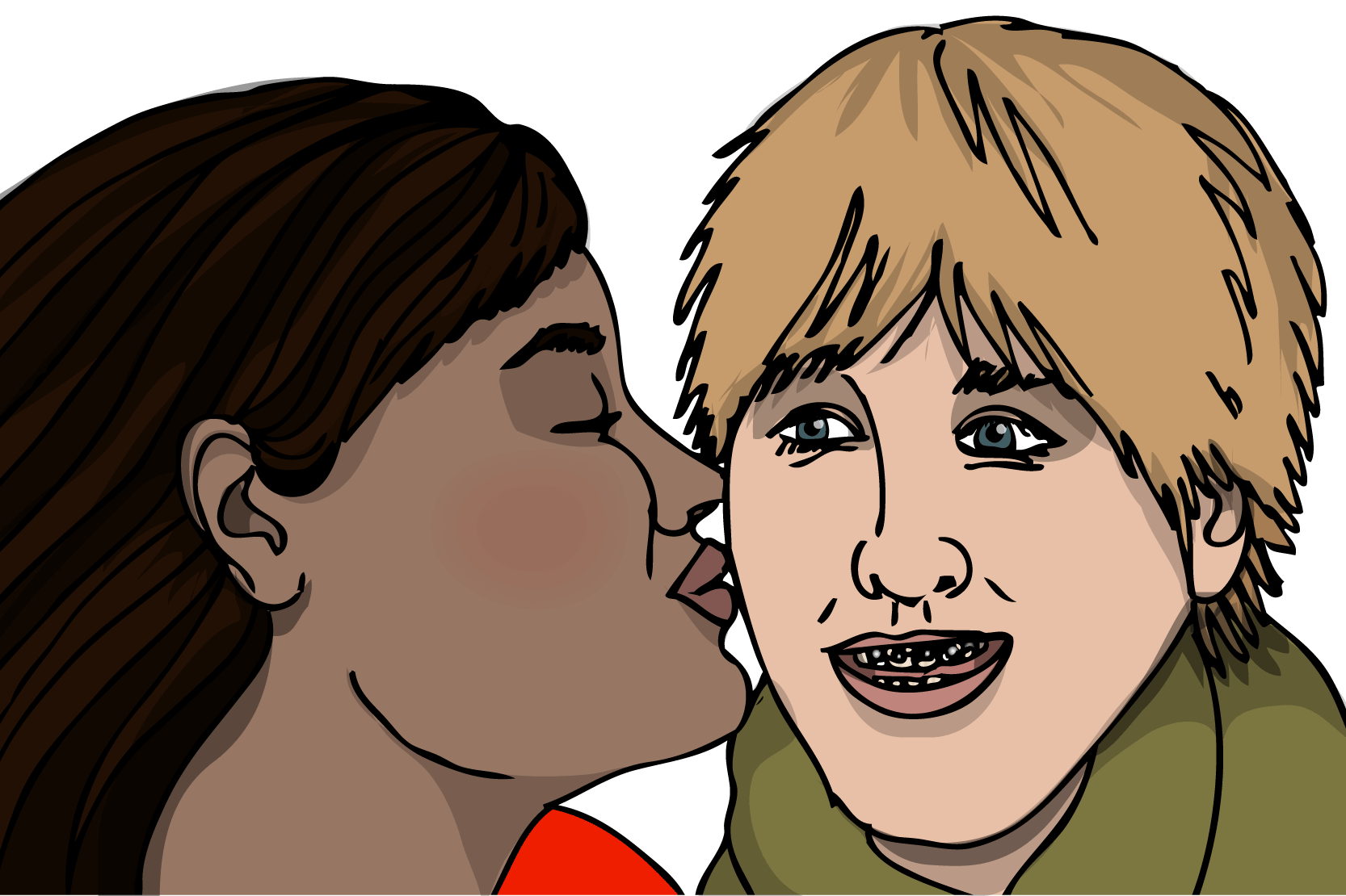 En person som pussar en annan person på kinden. Illustration.