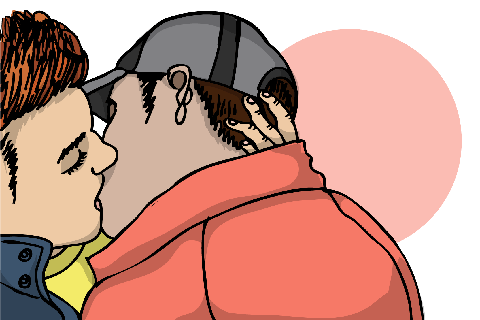 Två personer som kysser varandra. Illustration.